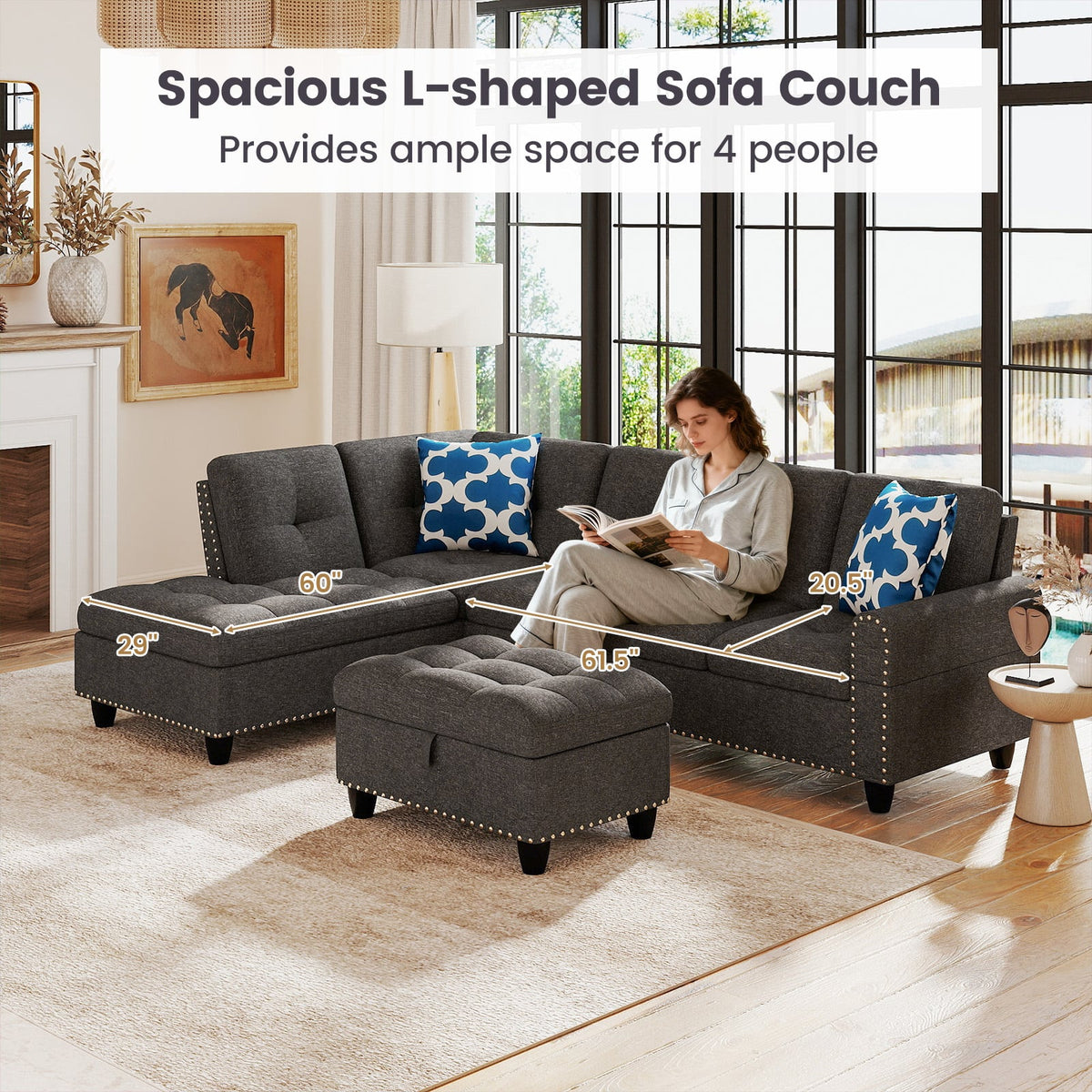 98" L-Shaped Sectional Sofa with Storage Ottoman - Dark Grey-Sofas & Loveseats-DECOROLALA
