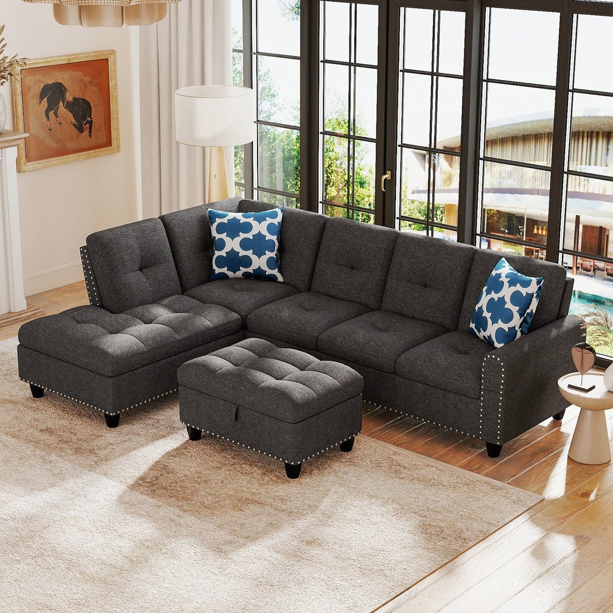 98" L-Shaped Sectional Sofa with Storage Ottoman - Dark Grey-Sofas & Loveseats-DECOROLALA