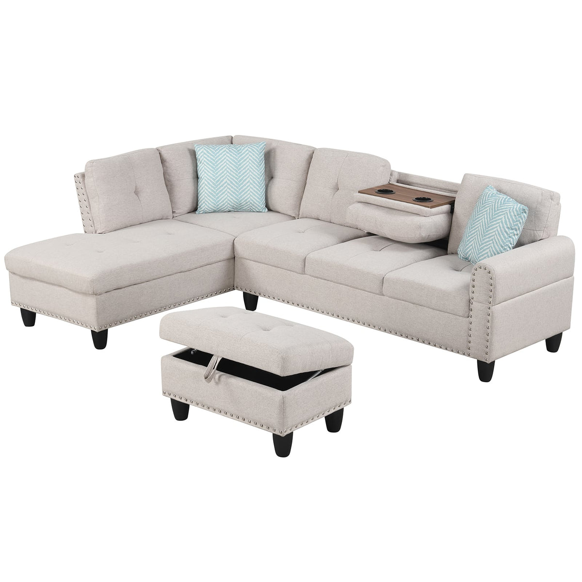 98" Sectional Sofa L-Shaped Couch with Storage Ottoman - Linen-Sofas & Loveseats-DECOROLALA