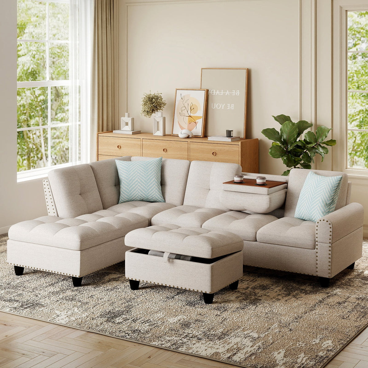 98" Sectional Sofa L-Shaped Couch with Storage Ottoman - Linen-Sofas & Loveseats-DECOROLALA