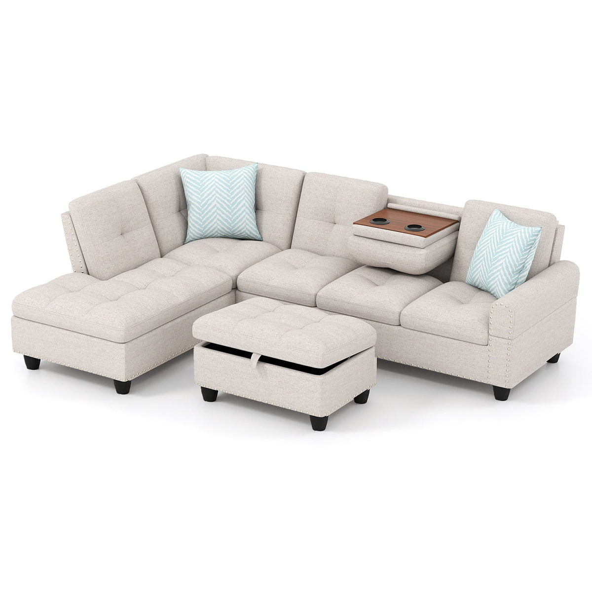 98" Sectional Sofa L-Shaped Couch with Storage Ottoman - Linen-Sofas & Loveseats-DECOROLALA