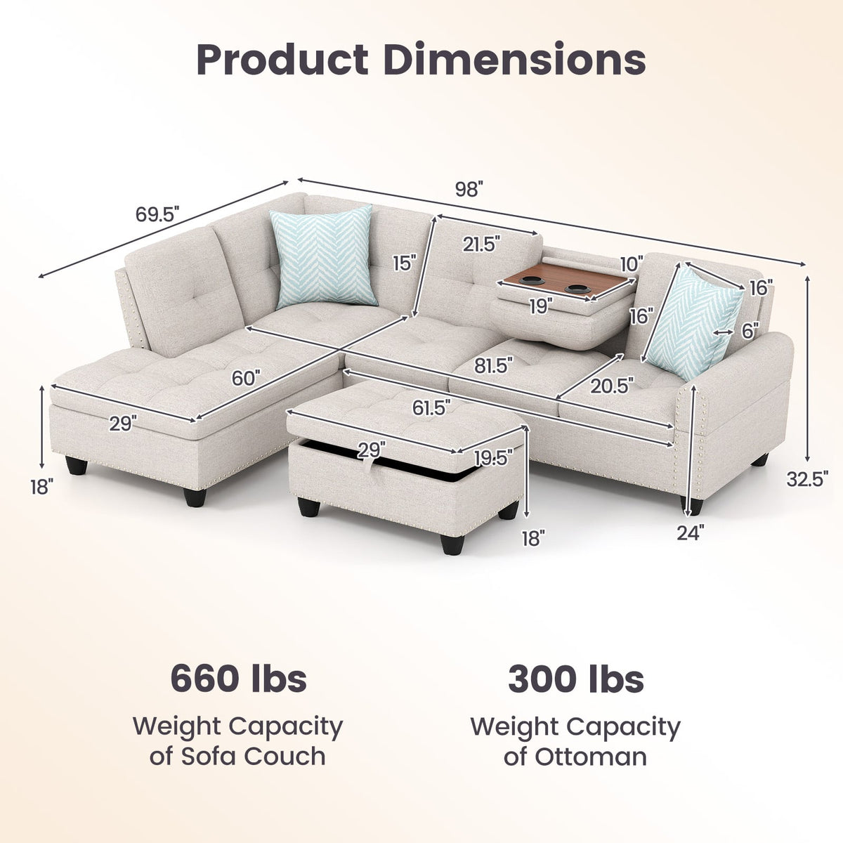 98" Sectional Sofa L-Shaped Couch with Storage Ottoman - Linen-Sofas & Loveseats-DECOROLALA