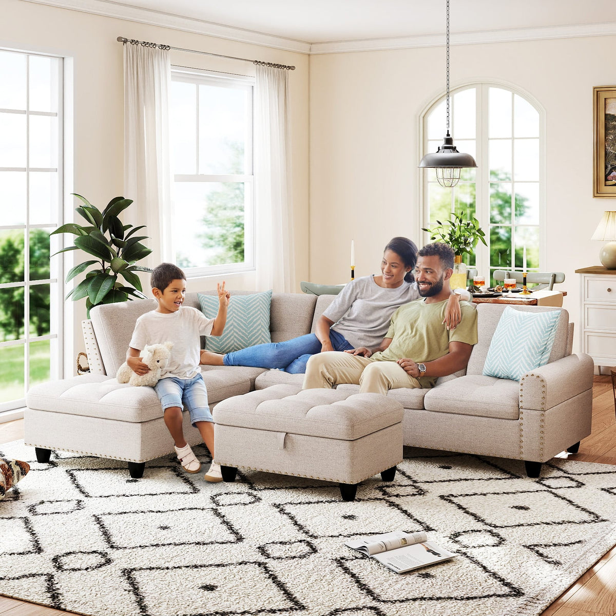 98" Sectional Sofa L-Shaped Couch with Storage Ottoman - Linen-Sofas & Loveseats-DECOROLALA
