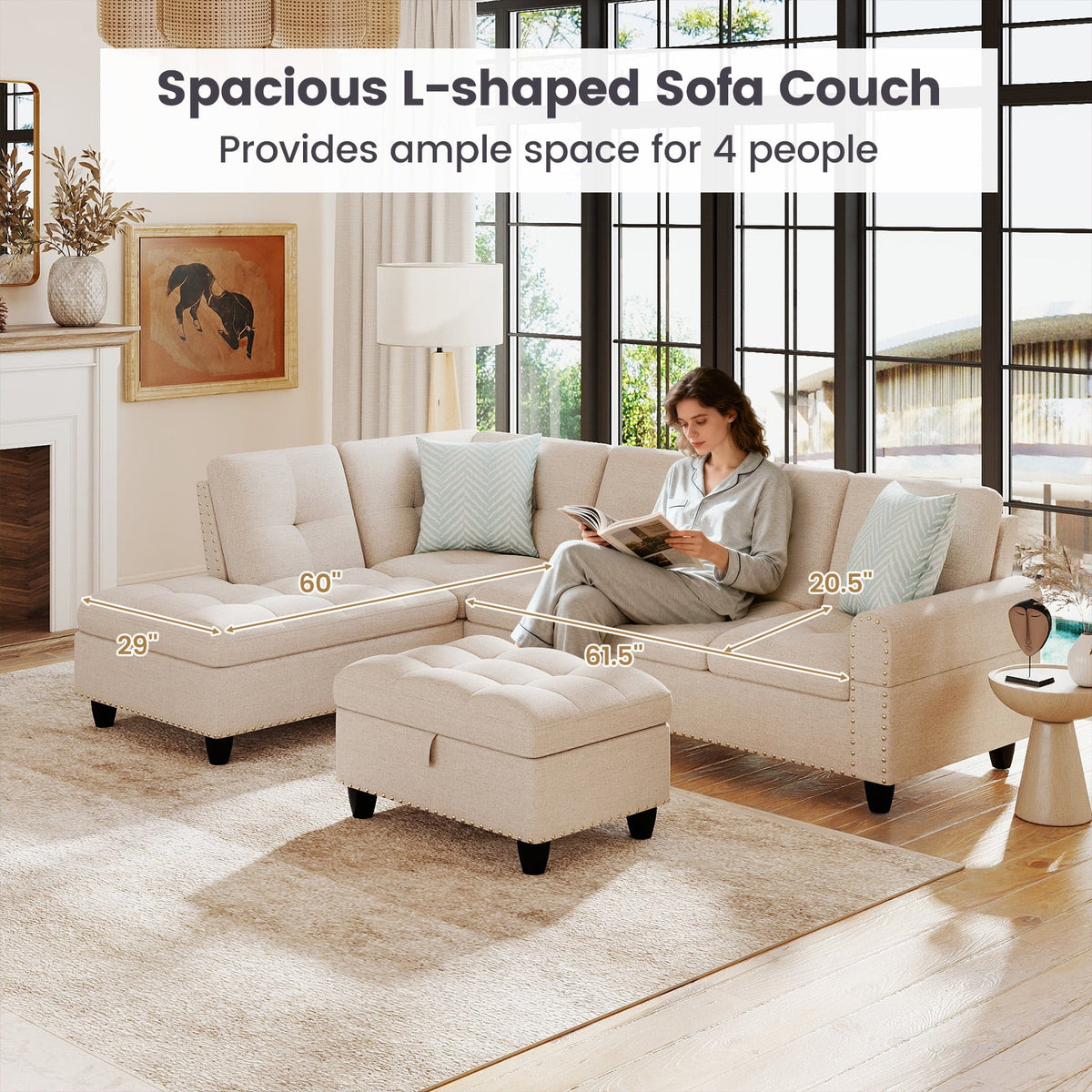 98" Sectional Sofa L-Shaped Couch with Storage Ottoman - Linen-Sofas & Loveseats-DECOROLALA