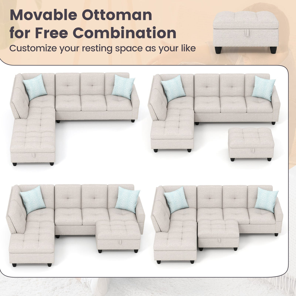 98" Sectional Sofa L-Shaped Couch with Storage Ottoman - Linen-Sofas & Loveseats-DECOROLALA