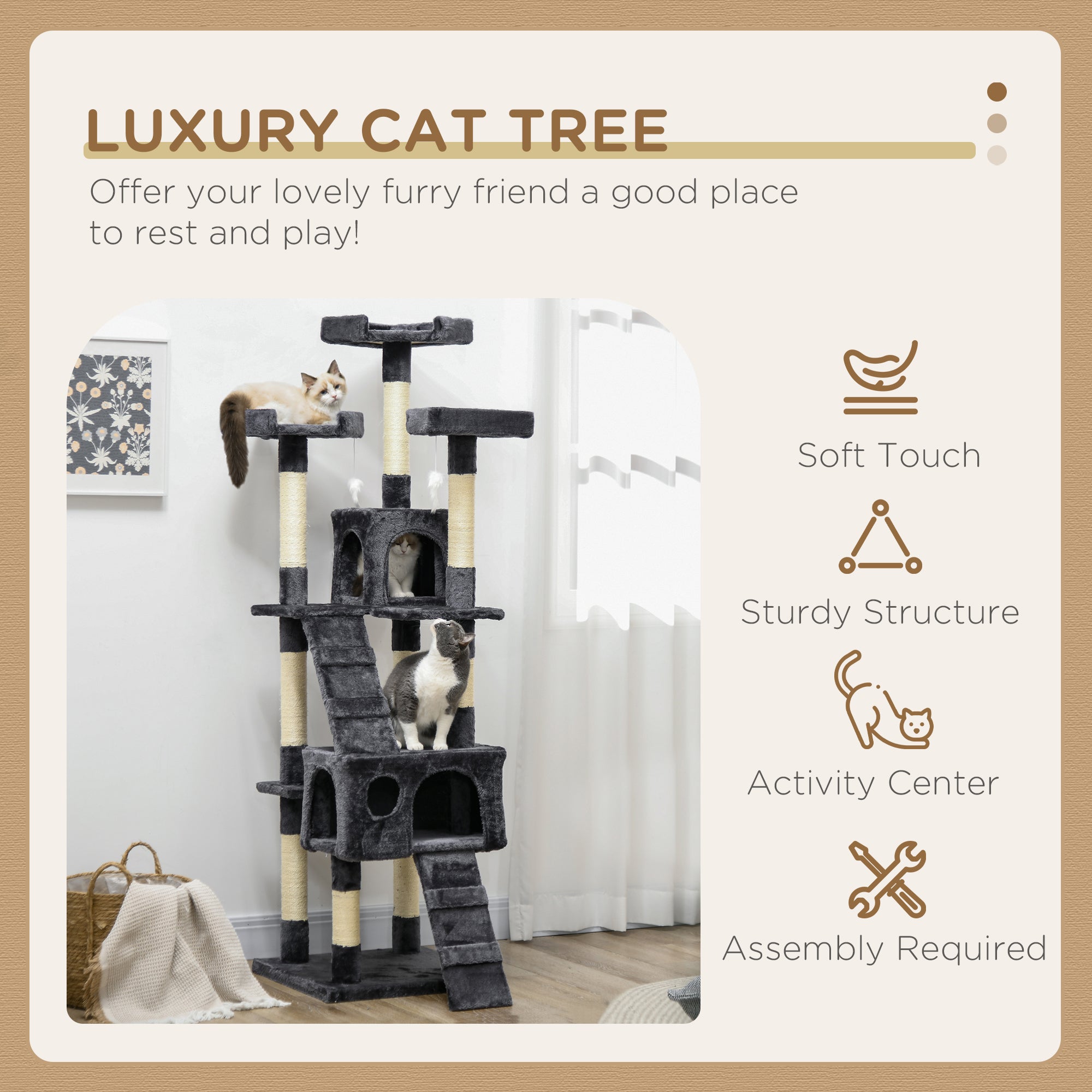68-inch Multi-Level Cat Scratching Tree Kitty Activity Center Post Tower Condo Pet Furniture w/ Toy Charcoal Grey