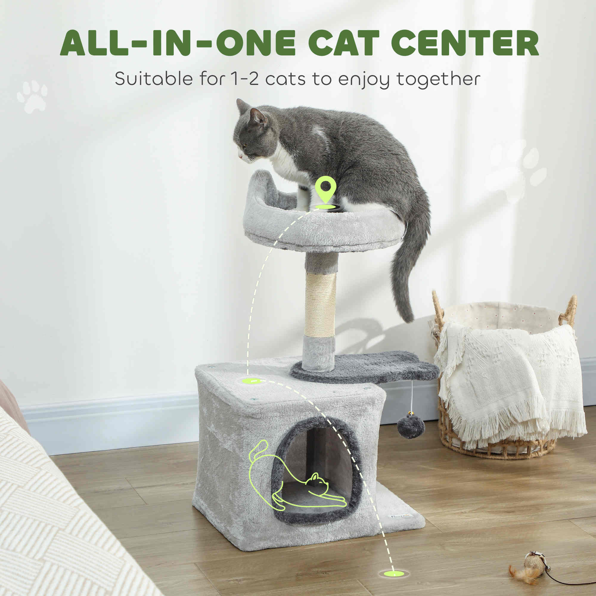 28" Cat Tree Tower with Plush Top Bed, Cozy Condo, Sisal Scratching Post, Perch, Dangling Ball, Light Grey