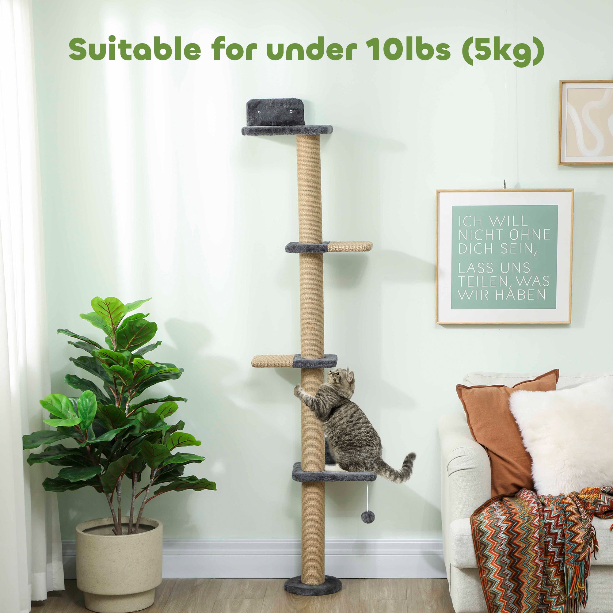 Cat Wall Shelves, Cat Wall Furniture with 4 Platforms, Jute Scratching Post for Indoor Playing, Climbing, Dark Grey