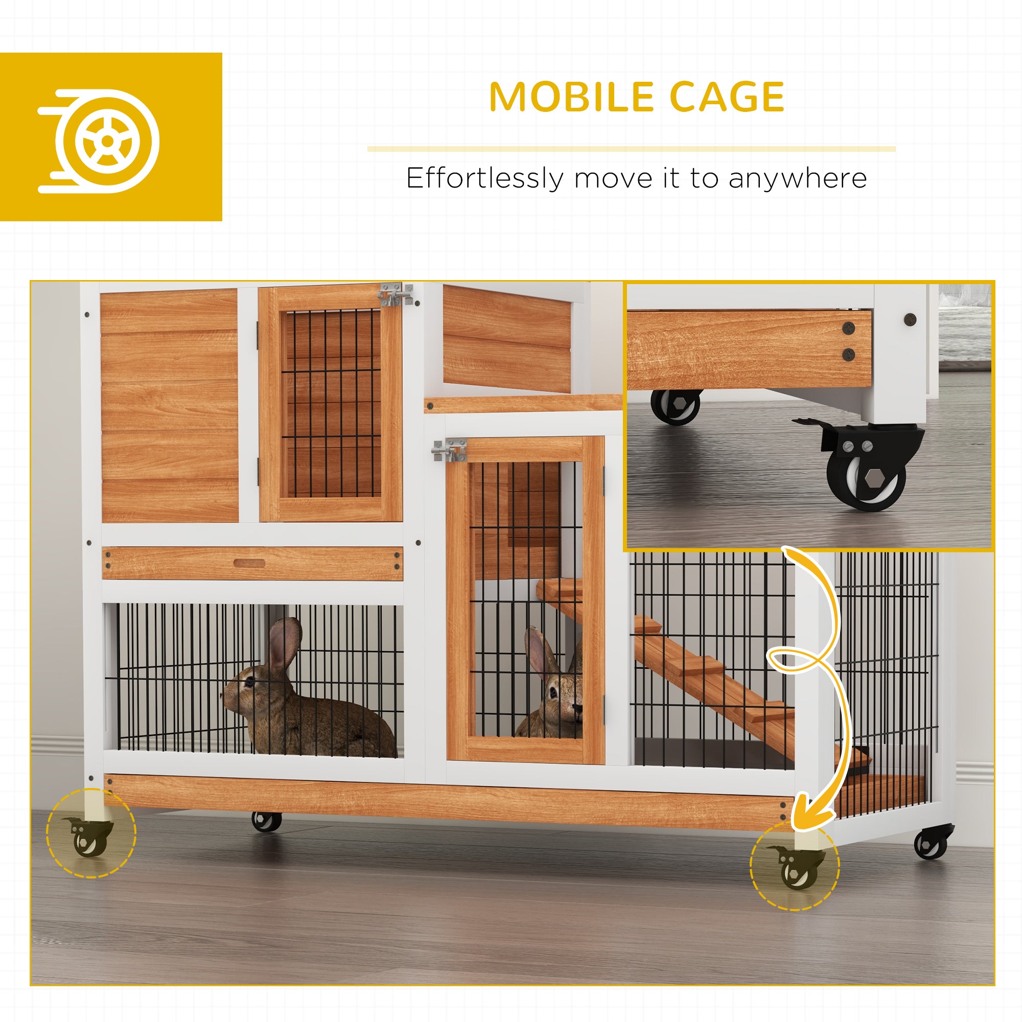 Wooden Rabbit Hutch, Indoor Bunny Cage with Wheels, Pull Out Trays, Run, Yellow