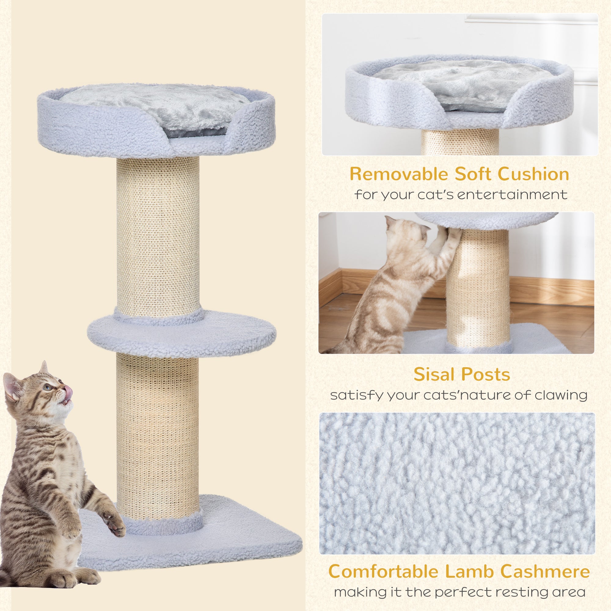 Arbre à chat, tour pour chat avec poteau à griffer recouvert de sisal, lit pour chat, coussin et plateforme, 18" x 18" x 36", bleu clair