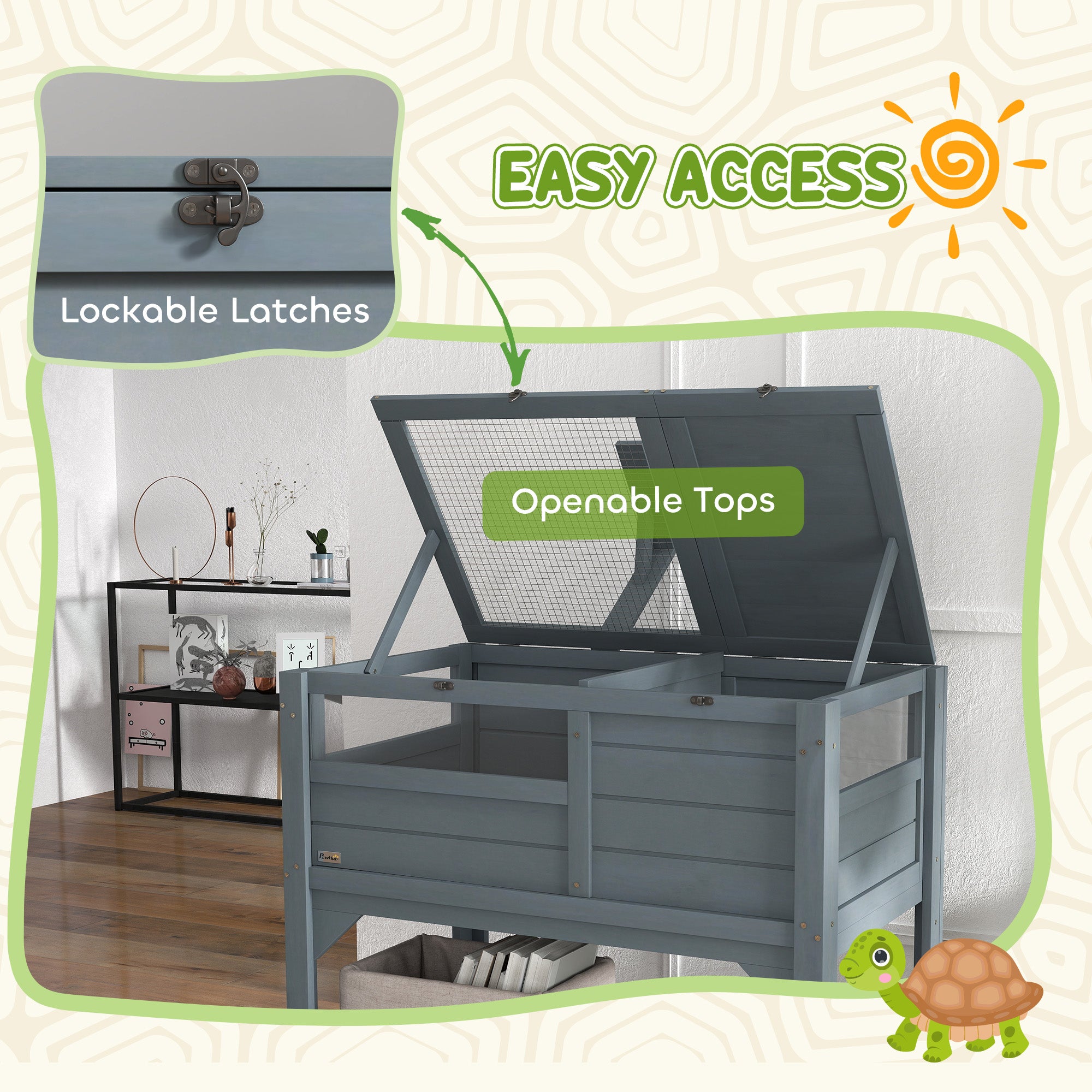 Wooden Tortoise House Habitat with Shelf, Light Support Frame, Tray for Indoor Use, 33" L x 20" W x 41" H