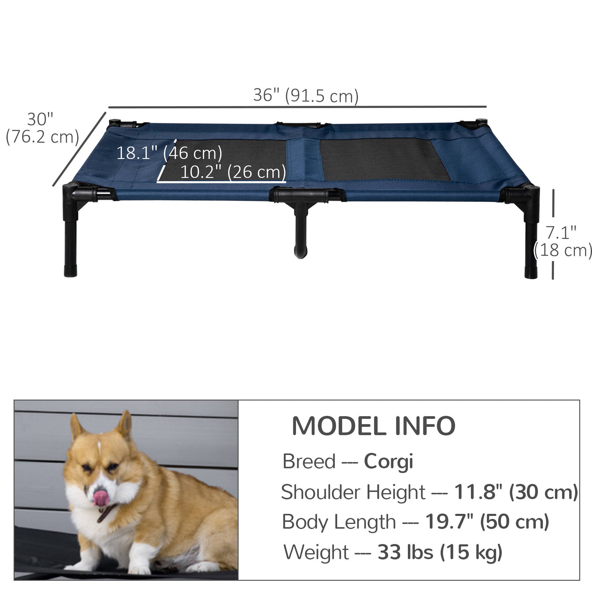 Elevated Dog Bed, Raised Dog Cot for XL Sized Dogs, Indoor & Outdoor, 36" x 30" x 7", Blue