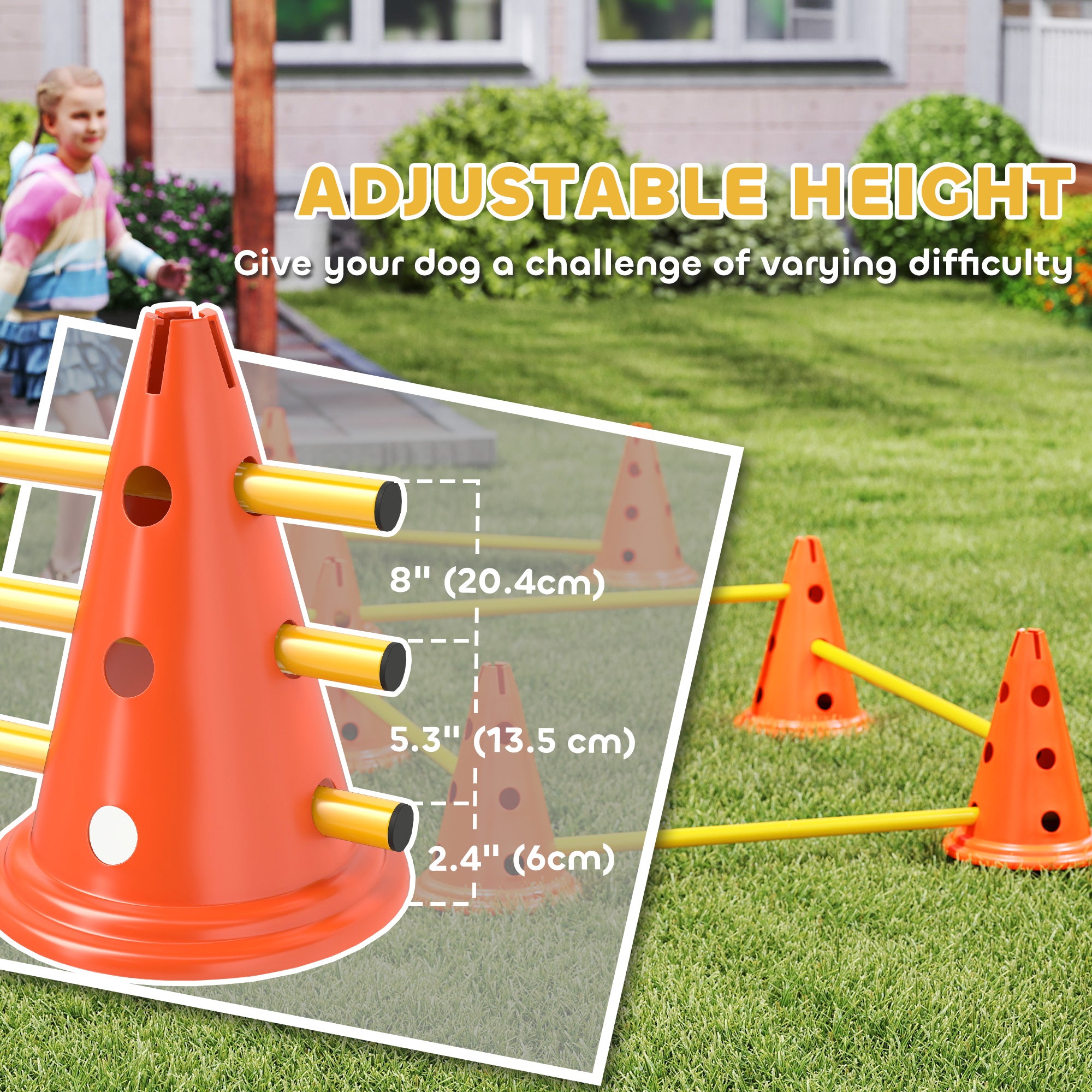 Ensemble de cônes pour haies d’agilité canine, équipement de parcours d’obstacles réglable avec 8 cônes et 8 poteaux, sac de transport, orange