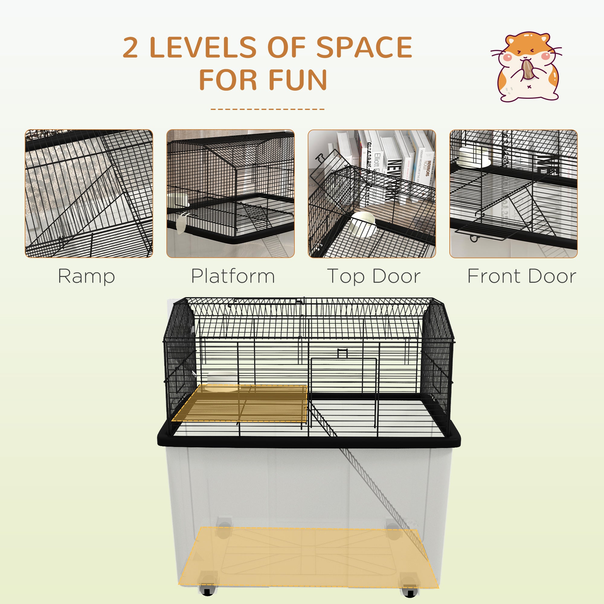 Hamster House Gerbil Habitat for Dwarf Hamster with Wheels, Detachable Bottom - Black
