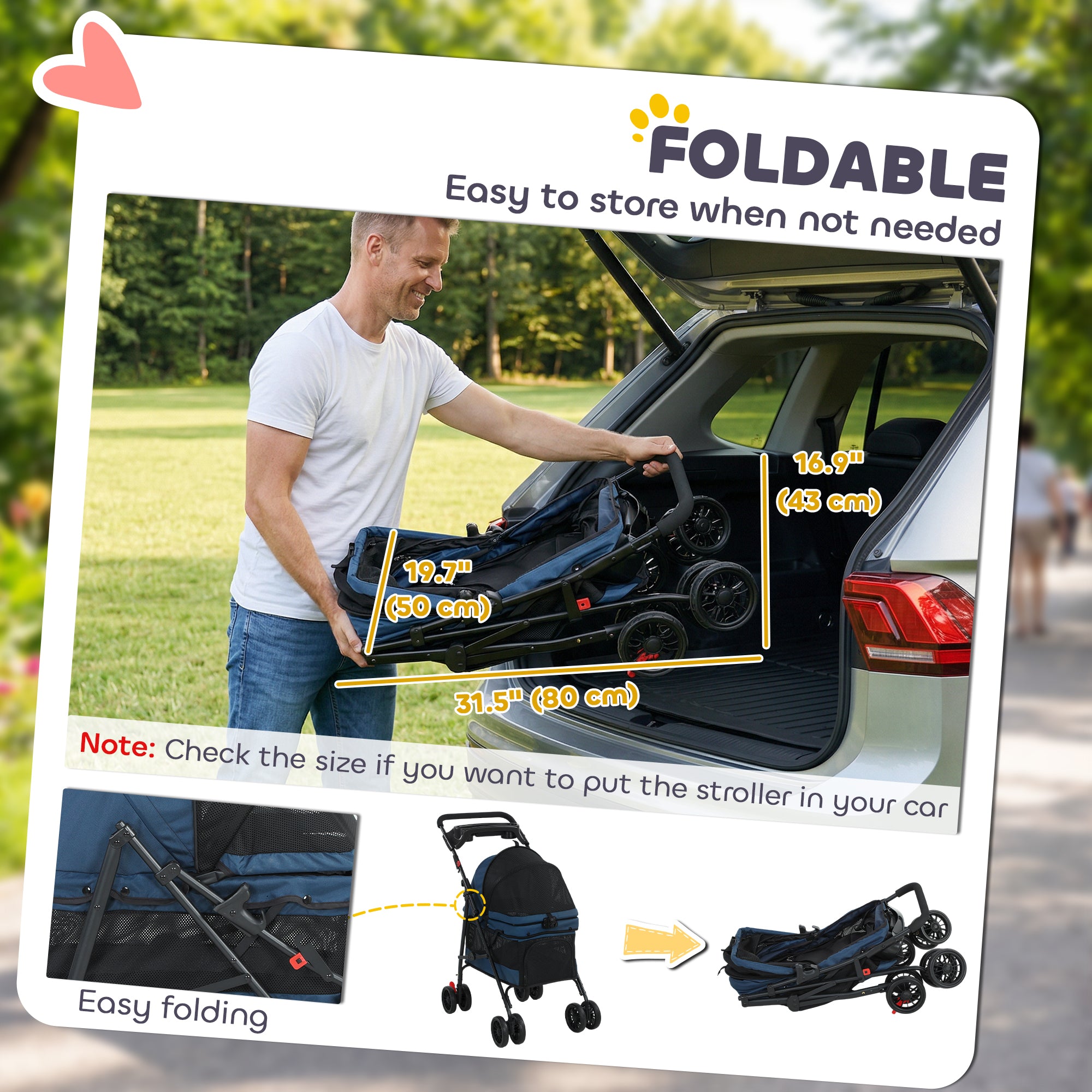 Foldable Pet Stroller for Small Dogs and Cats with 4 Wheels, Mesh Windows, Brake, Removable Pad, Storage Tray, Dark Blue