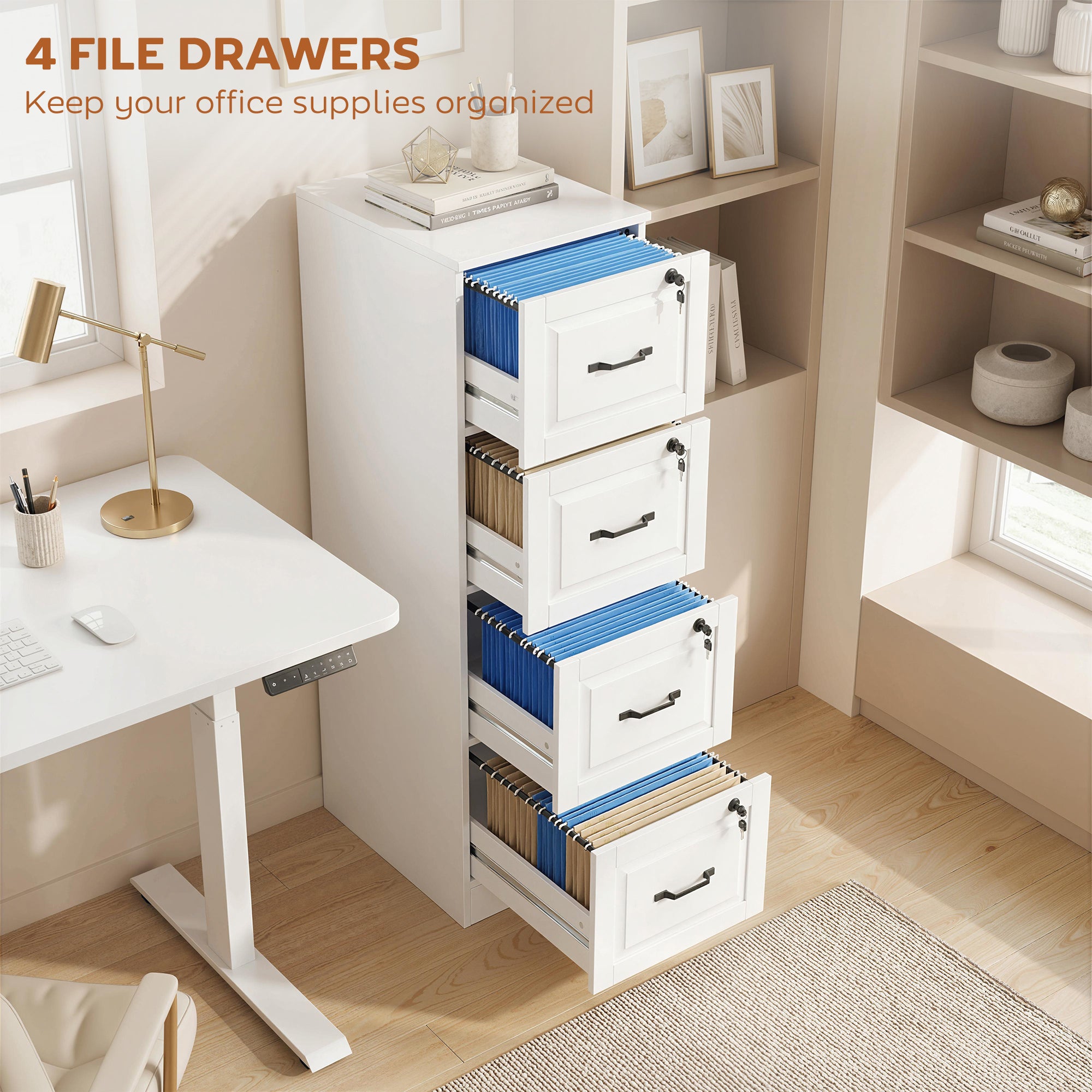 4-Drawer Vertical File Cabinet with Lock - White MDF 52" H