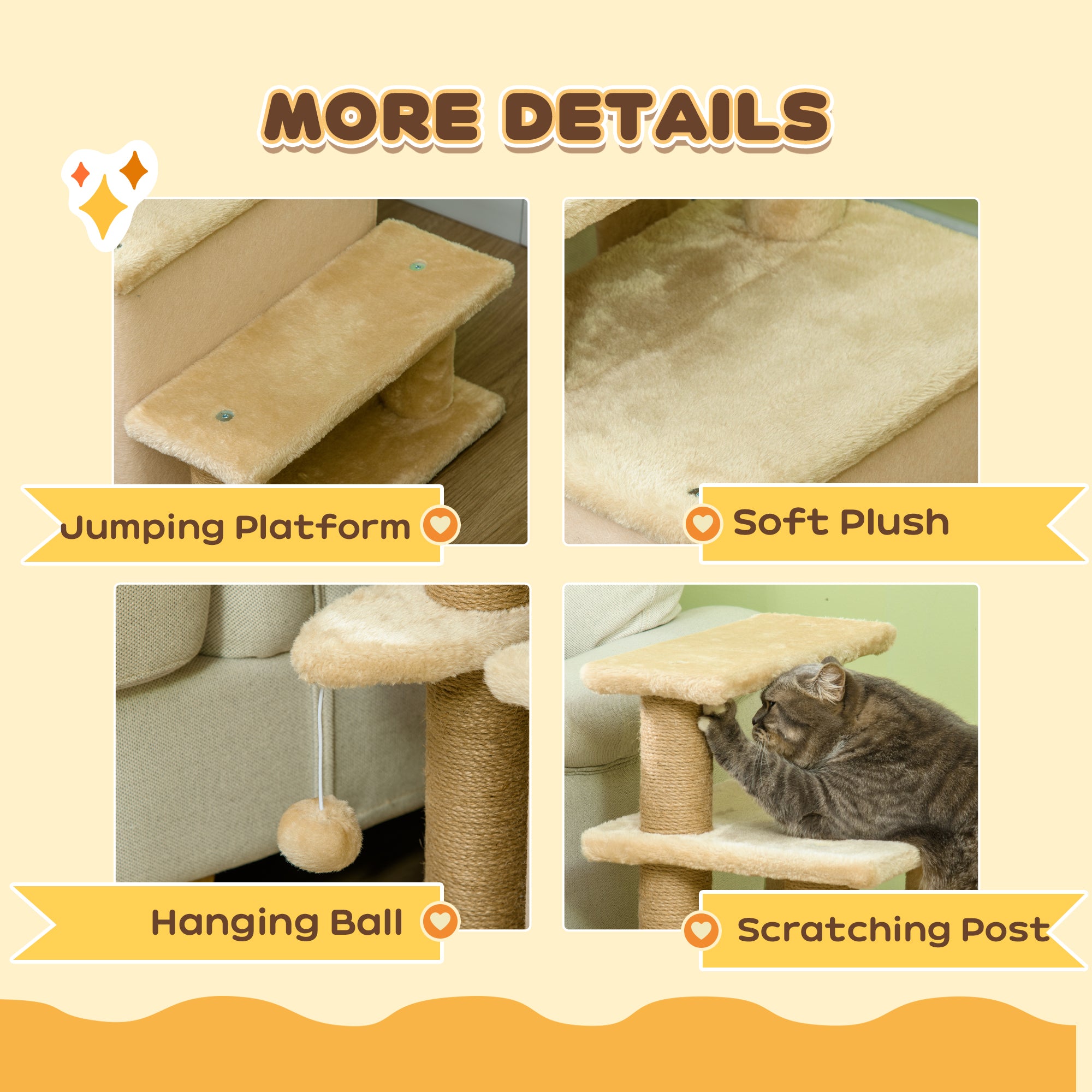 Cat Stairs Pet Steps for Couch Bed with Scratching Posts Condo Ball Toy, 23.6" x 15.7" x 26", Beige