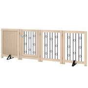 reestanding Dog Gate, Wooden Foldable Pet Gate with 4 Panels, Walk-Through Door, Support Feet, Non-Slip Mats