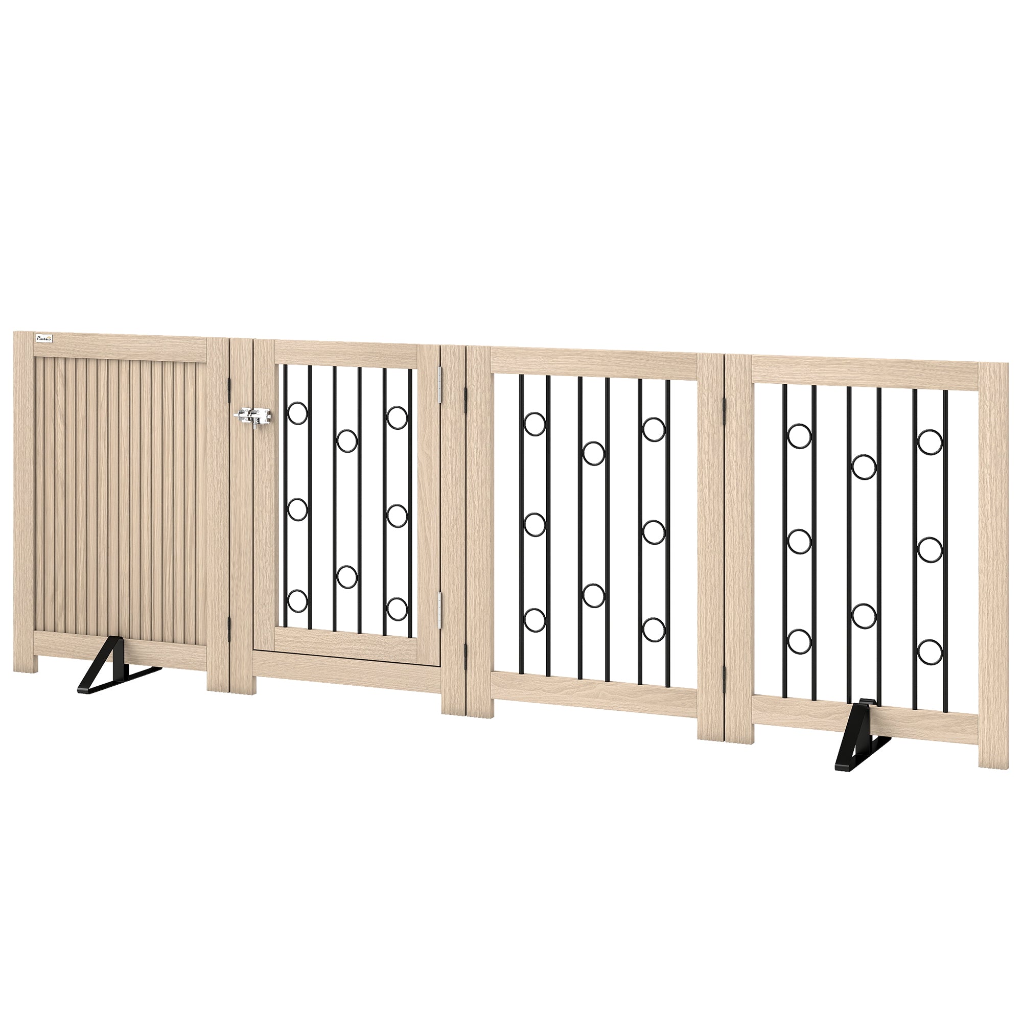reestanding Dog Gate, Wooden Foldable Pet Gate with 4 Panels, Walk-Through Door, Support Feet, Non-Slip Mats