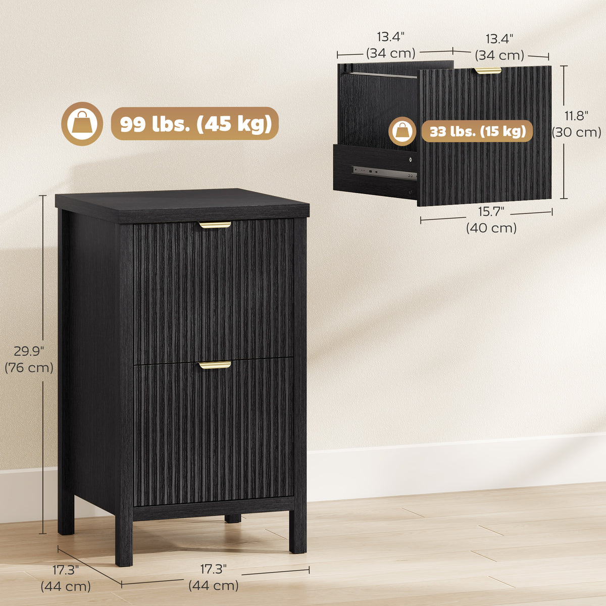 2-Drawer Vertical File Cabinet - Black Modern MDF Office Unit
