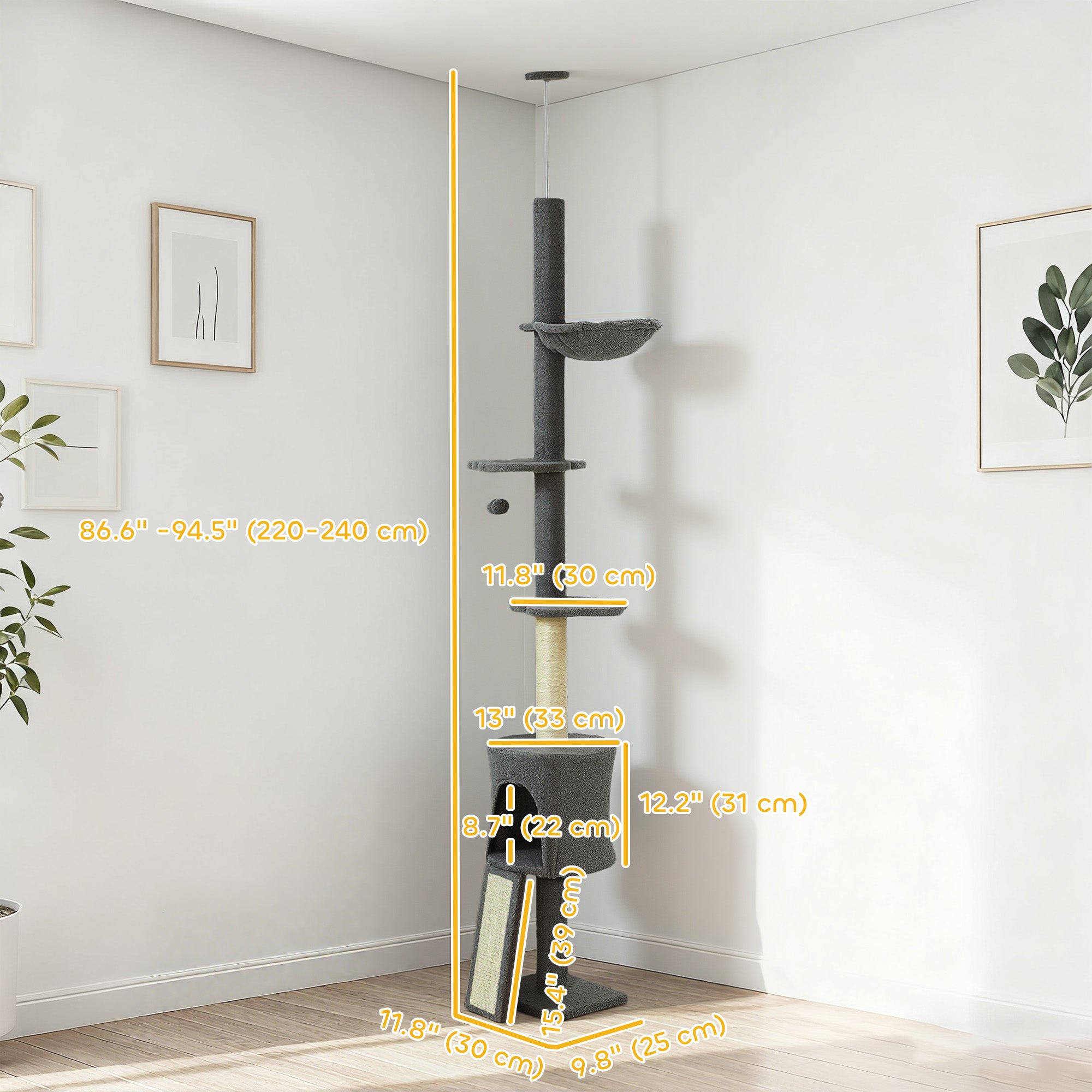 87"-94.5" Floor to Ceiling Cat Tree with Sisal Scratching Post, Condo, Hammock, Ramp, Perches, Dark Grey