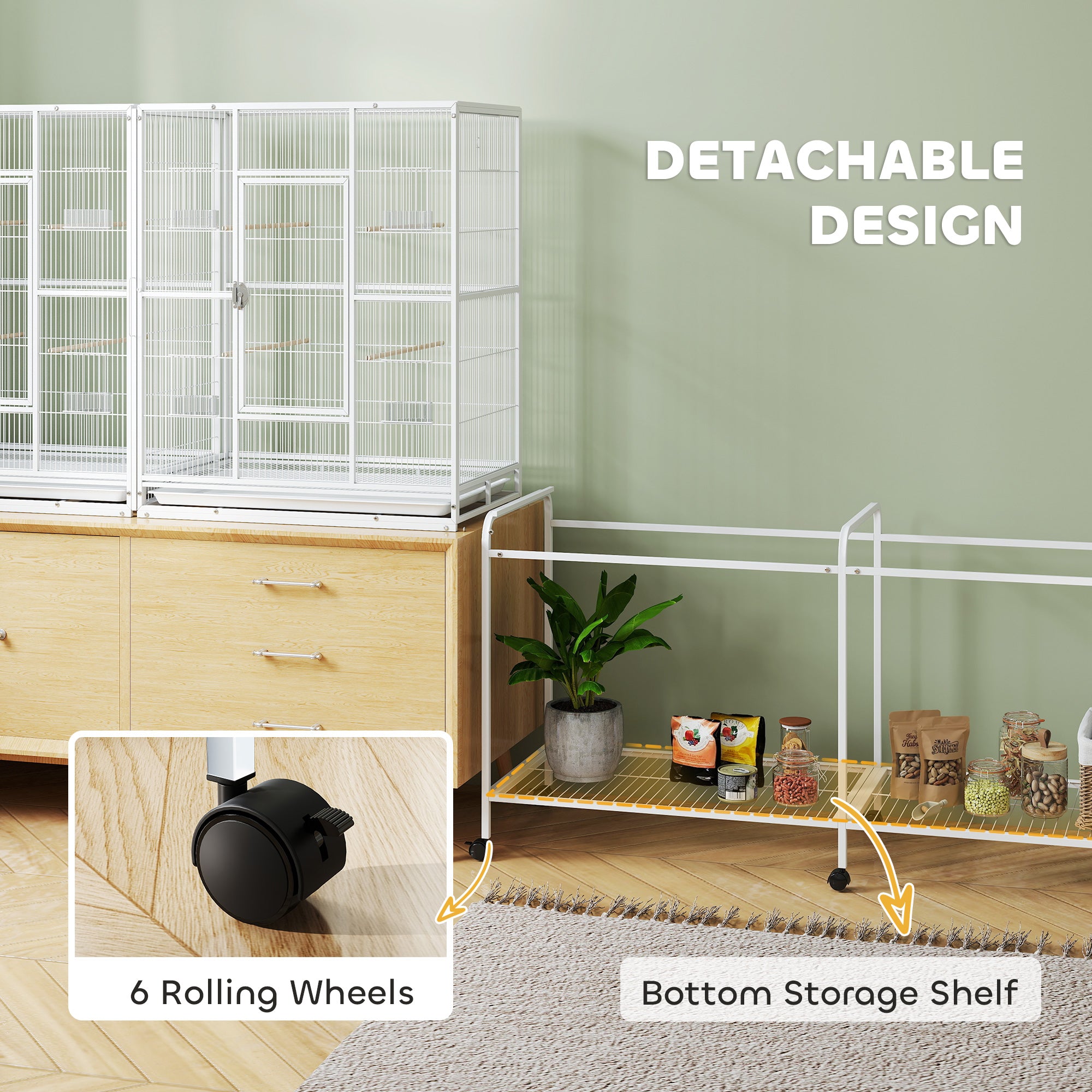 64" Large Rolling Bird Cage Bird House with Detachable Rolling Stand, Storage Shelf, Wood Perch Food Container, White