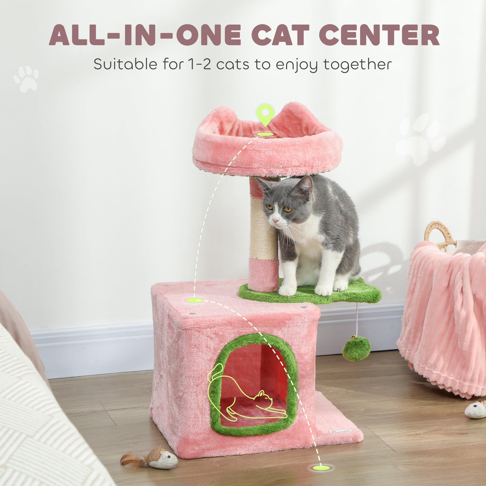 28" Cat Tree Tower with Plush Top Bed, Cozy Condo, Sisal Scratching Post, Perch, Dangling Ball, Pink & Green