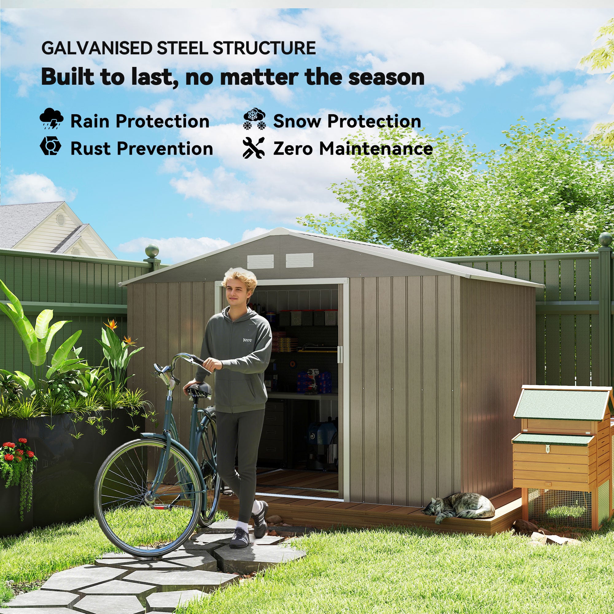 9.1'x6.4' Metal Garden Storage Shed - Distressed Light Brown-Patio & Garden > Lawn & Garden > Sheds-DECOROLALA