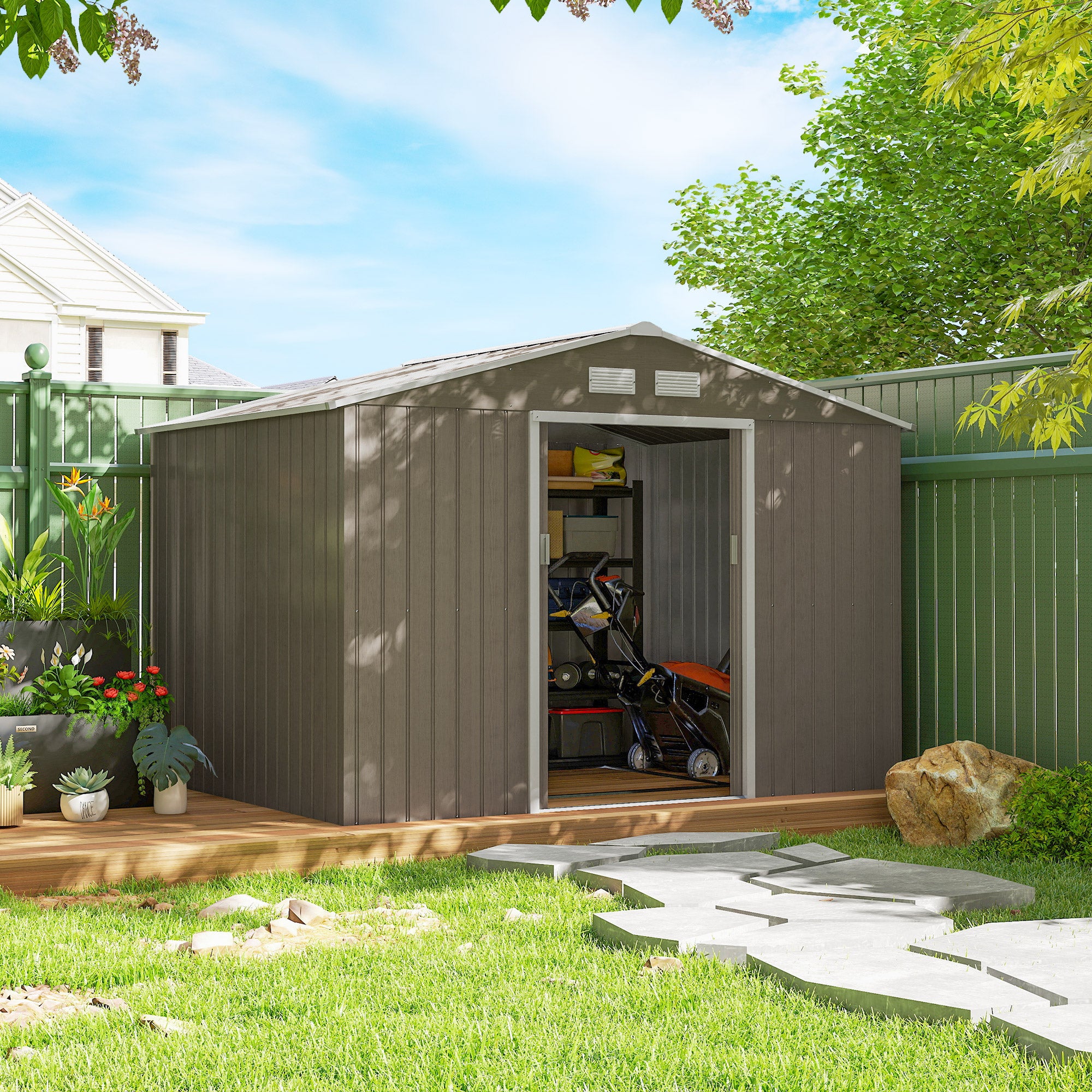 9.1'x6.4' Metal Garden Storage Shed - Distressed Light Brown-Patio & Garden > Lawn & Garden > Sheds-DECOROLALA