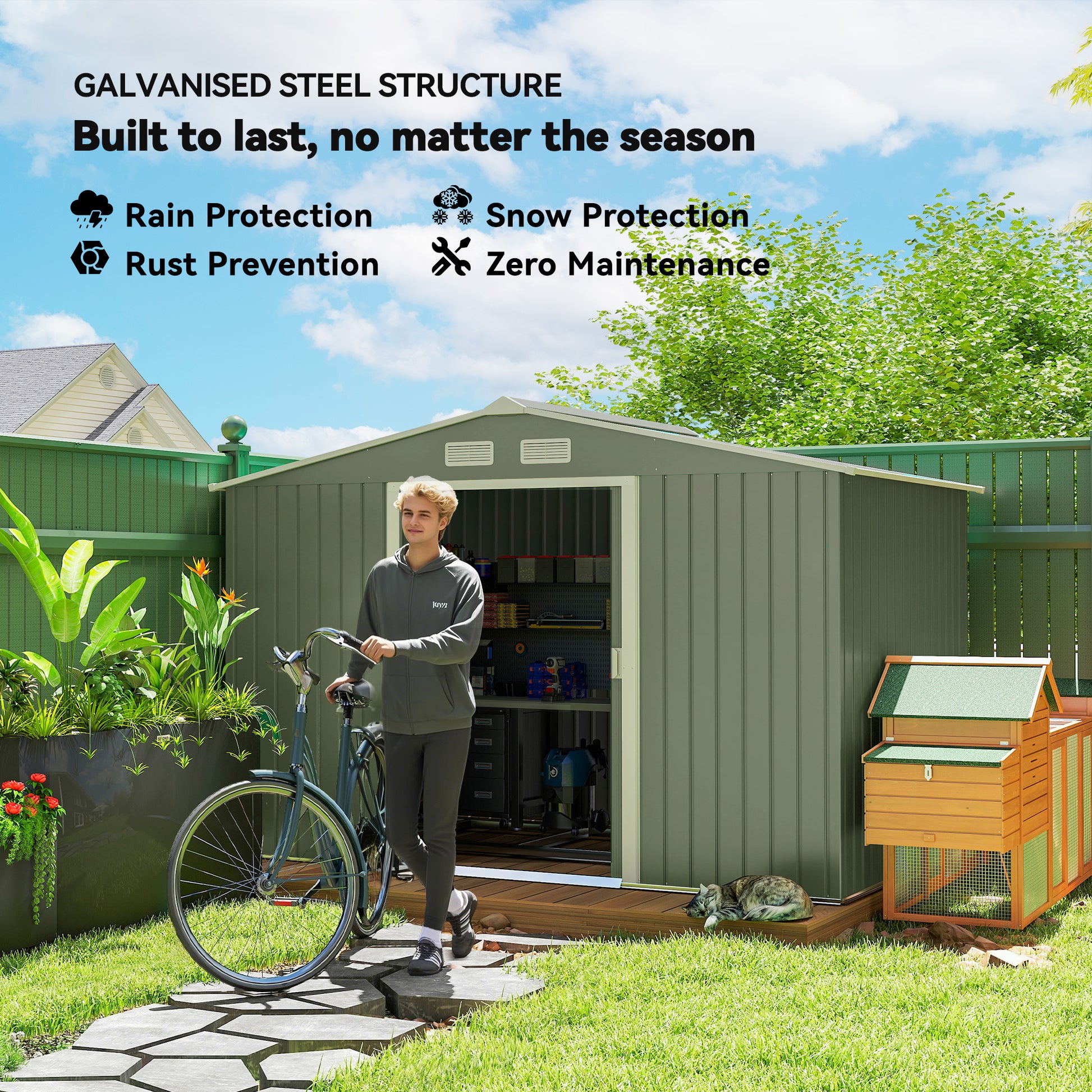 9.1'x6.4' Metal Garden Storage Shed - Light Green-Patio & Garden > Lawn & Garden > Sheds-DECOROLALA