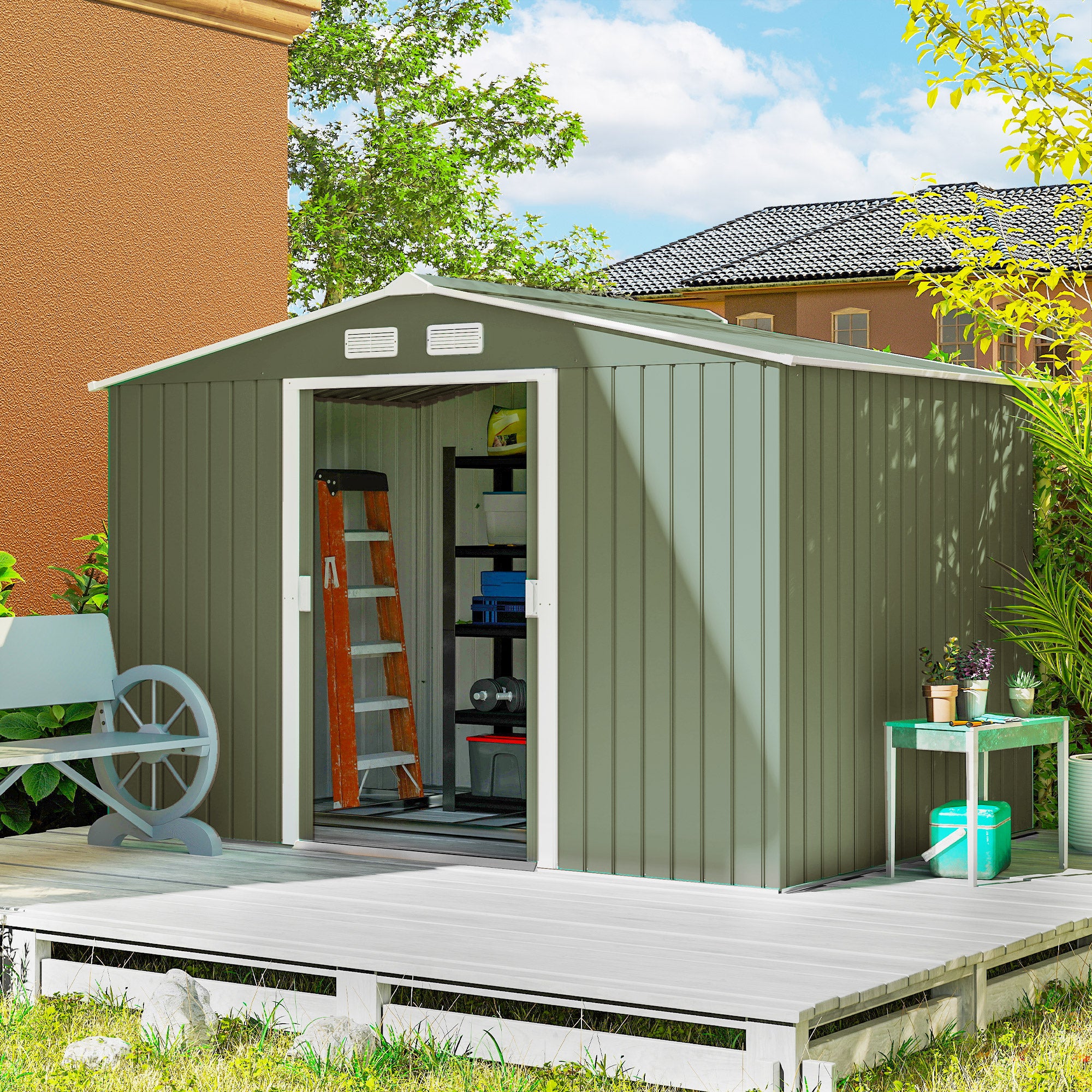 9.1'x6.4' Metal Garden Storage Shed - Light Green-Patio & Garden > Lawn & Garden > Sheds-DECOROLALA