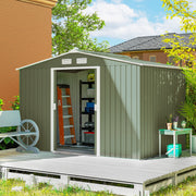 9.1'x6.4' Metal Garden Storage Shed - Light Green-Patio & Garden > Lawn & Garden > Sheds-DECOROLALA
