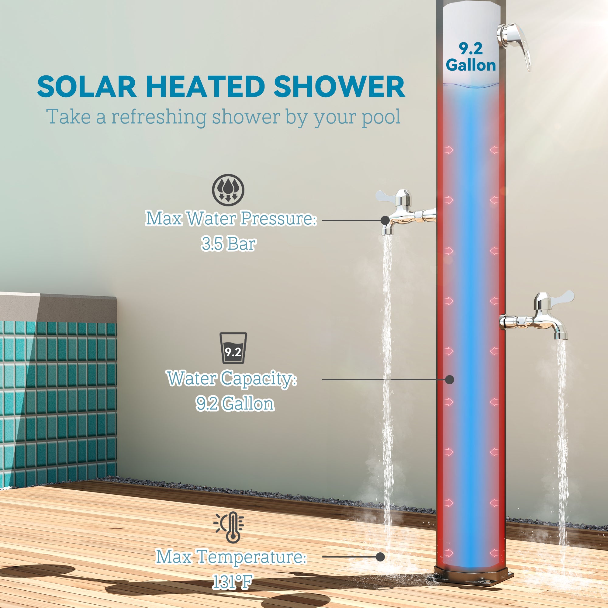 9.2 Gallon Solar Heated Outdoor Shower - 7.1ft Black-DECOROLALA