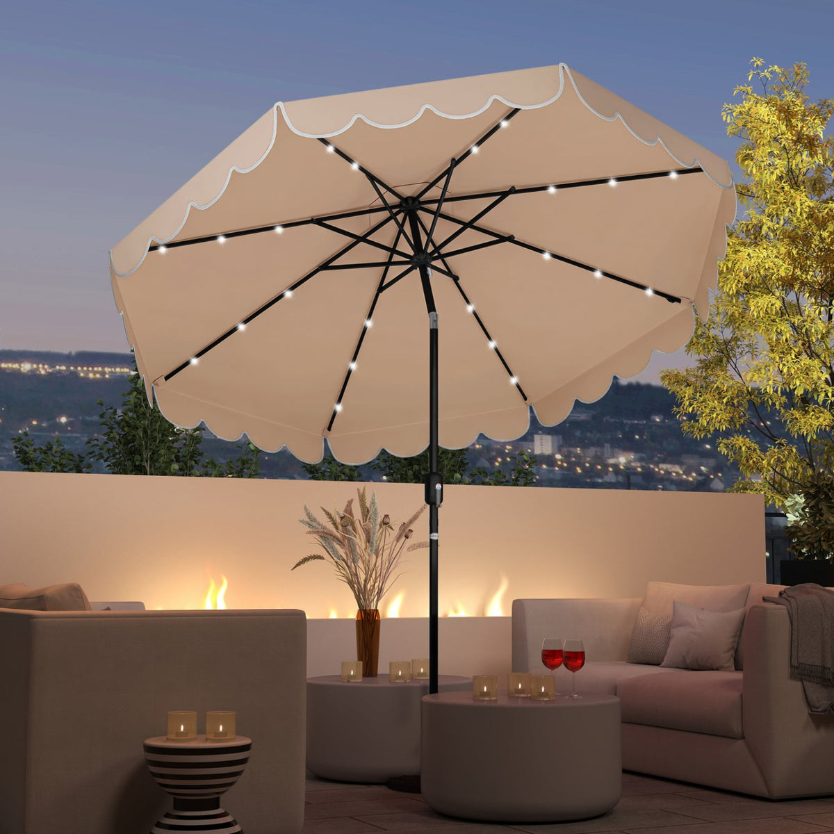 9.3 Feet Solar Patio Umbrella with 24 LED Lights Vented Top and Ruffles-Beige-Outdoor Umbrellas-DECOROLALA