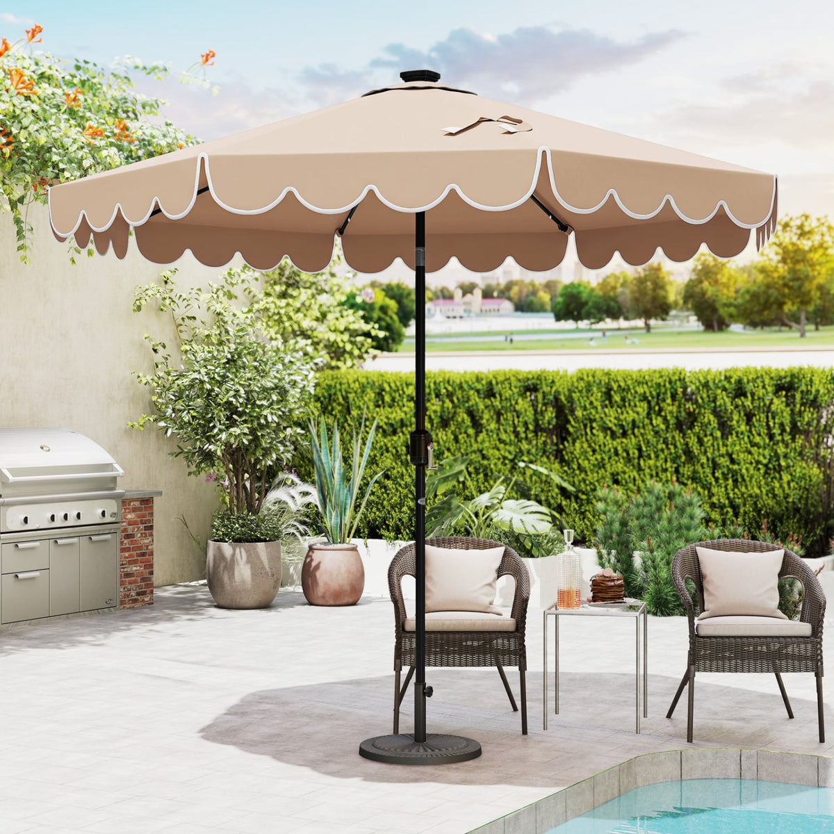 9.3 Feet Solar Patio Umbrella with 24 LED Lights Vented Top and Ruffles-Beige-Outdoor Umbrellas-DECOROLALA