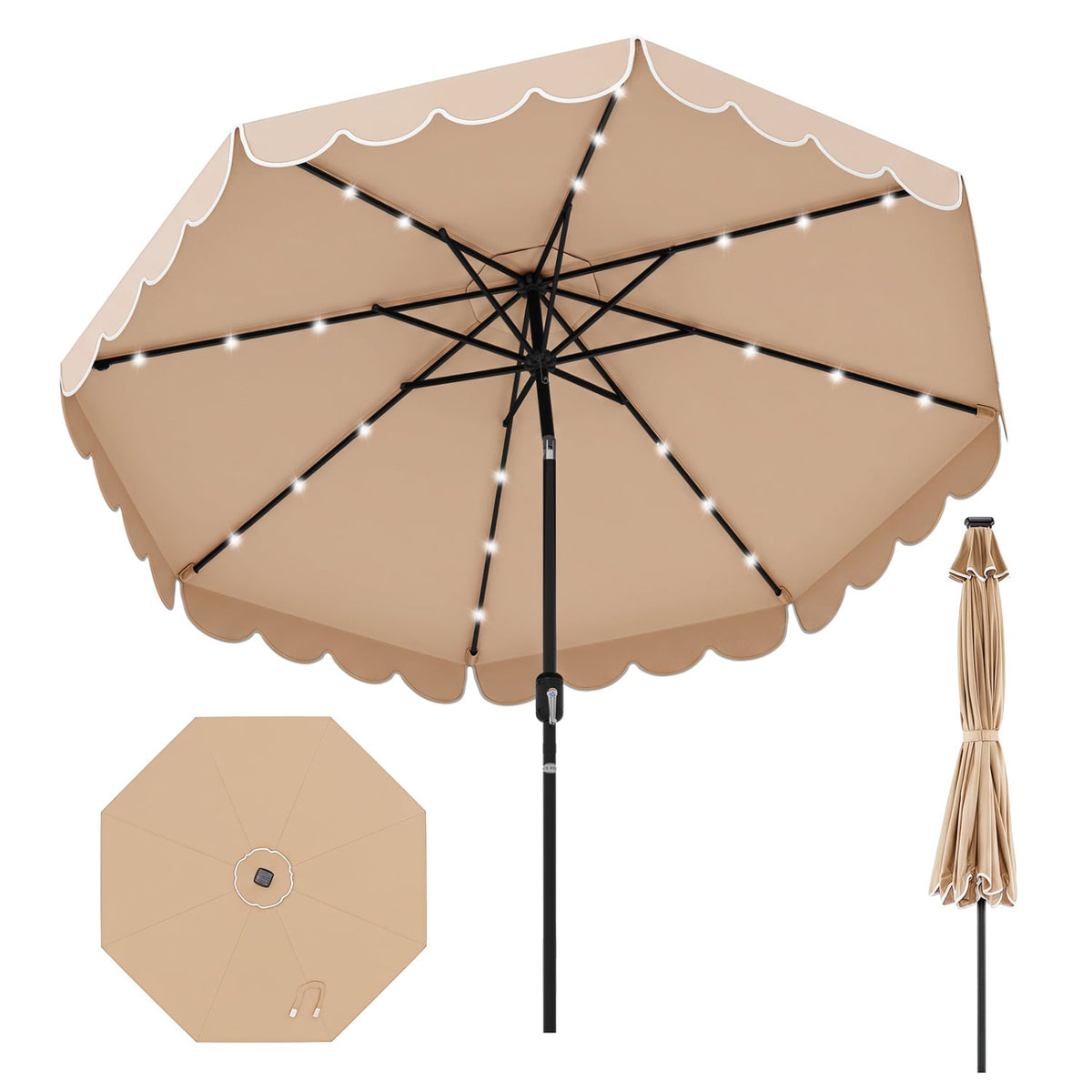 9.3 Feet Solar Patio Umbrella with 24 LED Lights Vented Top and Ruffles-Beige-Outdoor Umbrellas-DECOROLALA