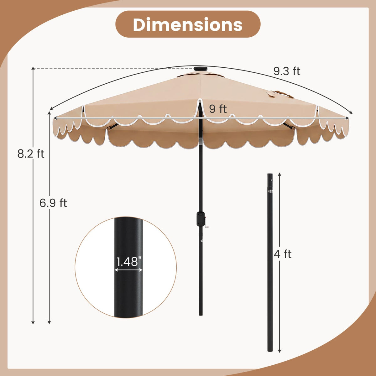 9.3 Feet Solar Patio Umbrella with 24 LED Lights Vented Top and Ruffles-Beige-Outdoor Umbrellas-DECOROLALA