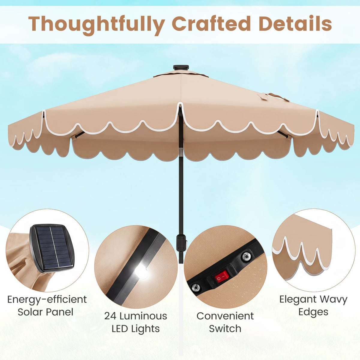 9.3 Feet Solar Patio Umbrella with 24 LED Lights Vented Top and Ruffles-Beige-Outdoor Umbrellas-DECOROLALA