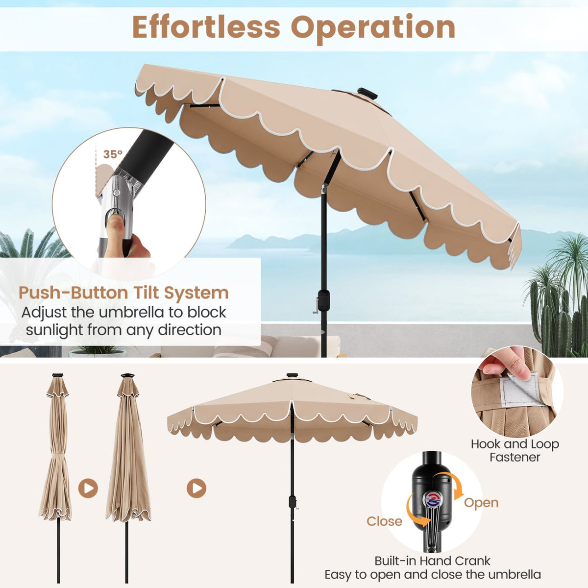 9.3 Feet Solar Patio Umbrella with 24 LED Lights Vented Top and Ruffles-Beige-Outdoor Umbrellas-DECOROLALA