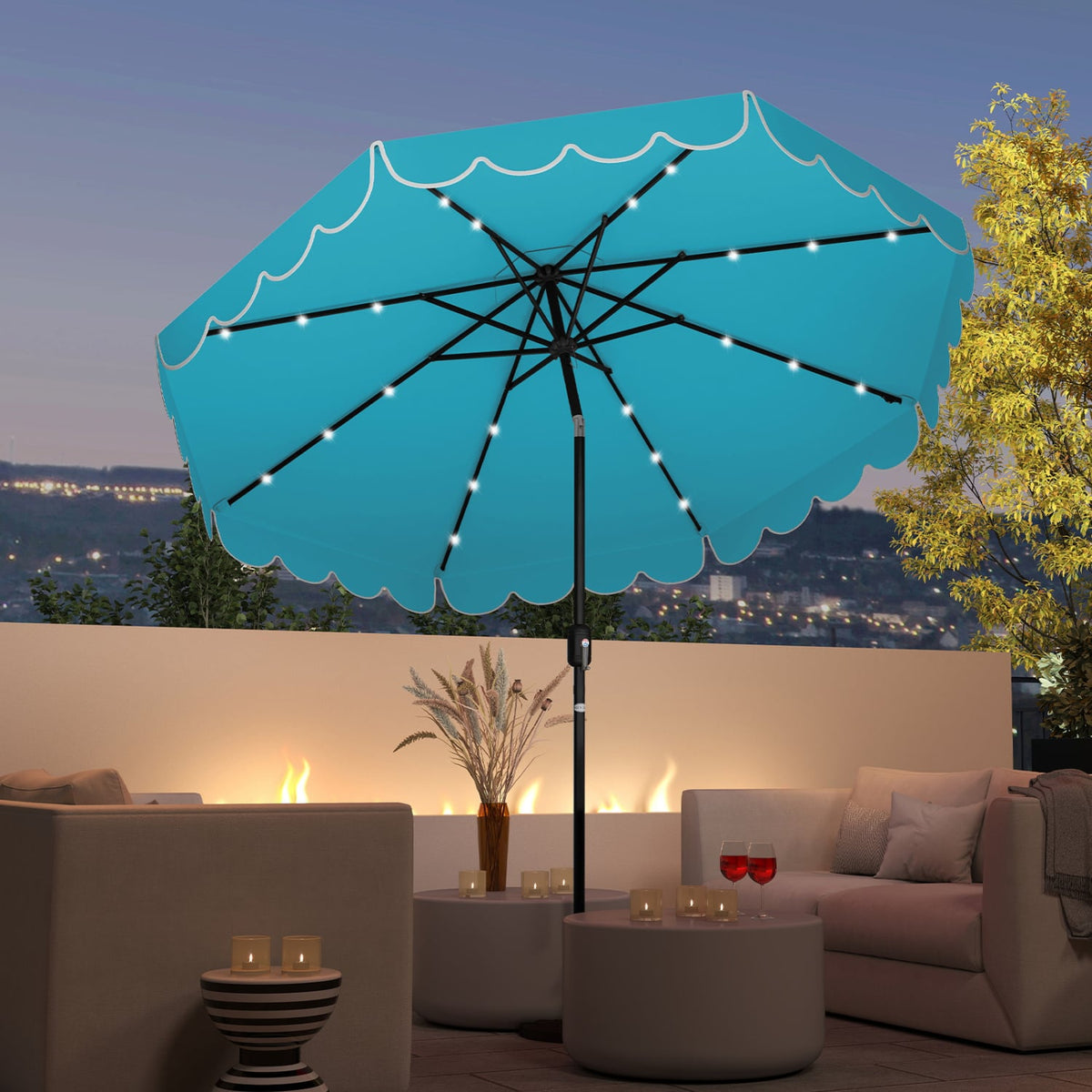 9.3 Feet Solar Patio Umbrella with 24 LED Lights Vented Top and Ruffles-Turquoise-Outdoor Umbrellas-DECOROLALA