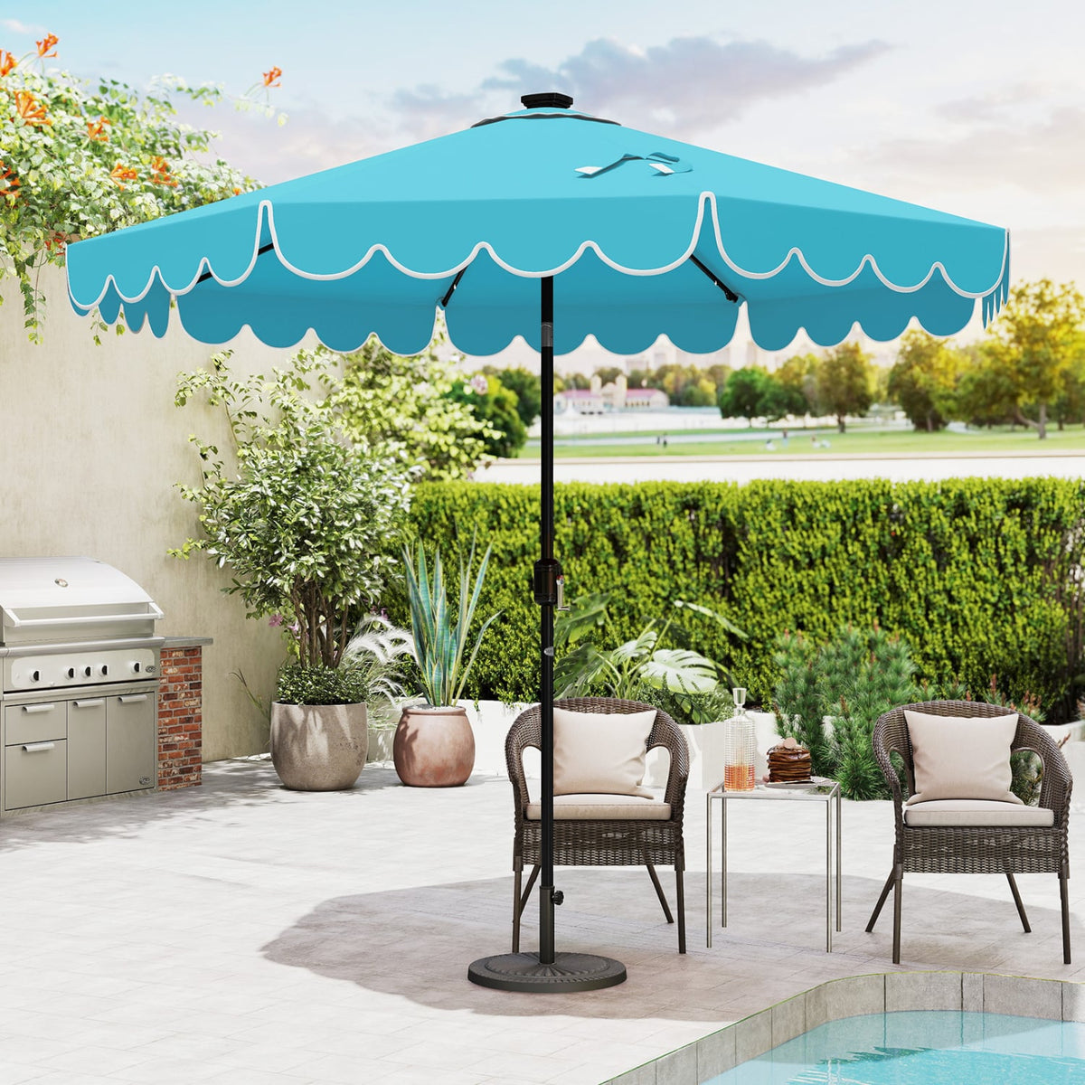 9.3 Feet Solar Patio Umbrella with 24 LED Lights Vented Top and Ruffles-Turquoise-Outdoor Umbrellas-DECOROLALA
