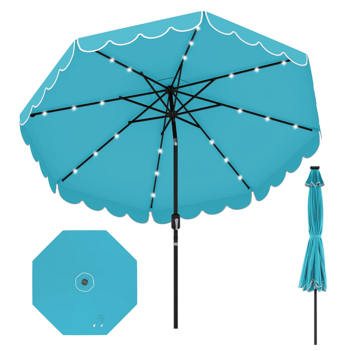 9.3 Feet Solar Patio Umbrella with 24 LED Lights Vented Top and Ruffles-Turquoise-Outdoor Umbrellas-DECOROLALA