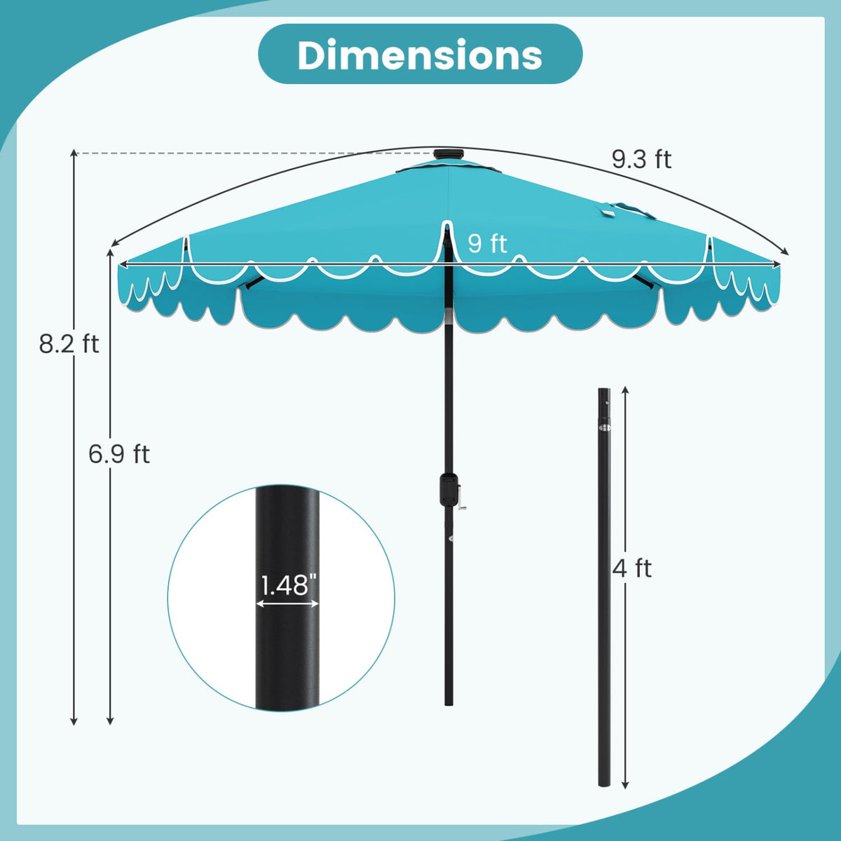 9.3 Feet Solar Patio Umbrella with 24 LED Lights Vented Top and Ruffles-Turquoise-Outdoor Umbrellas-DECOROLALA