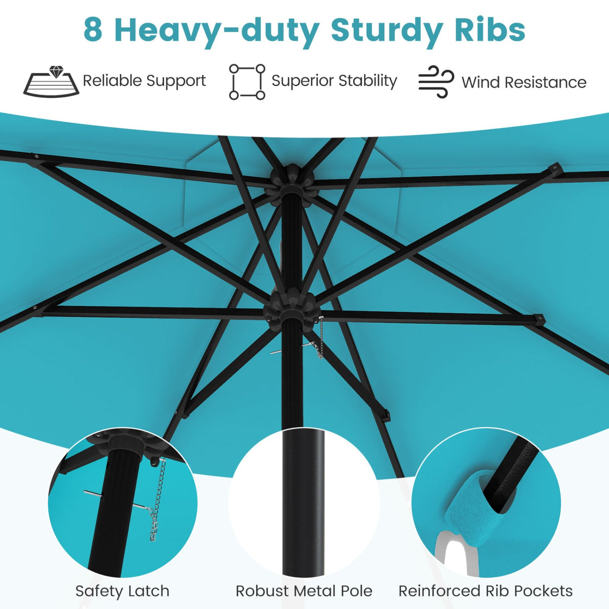 9.3 Feet Solar Patio Umbrella with 24 LED Lights Vented Top and Ruffles-Turquoise-Outdoor Umbrellas-DECOROLALA