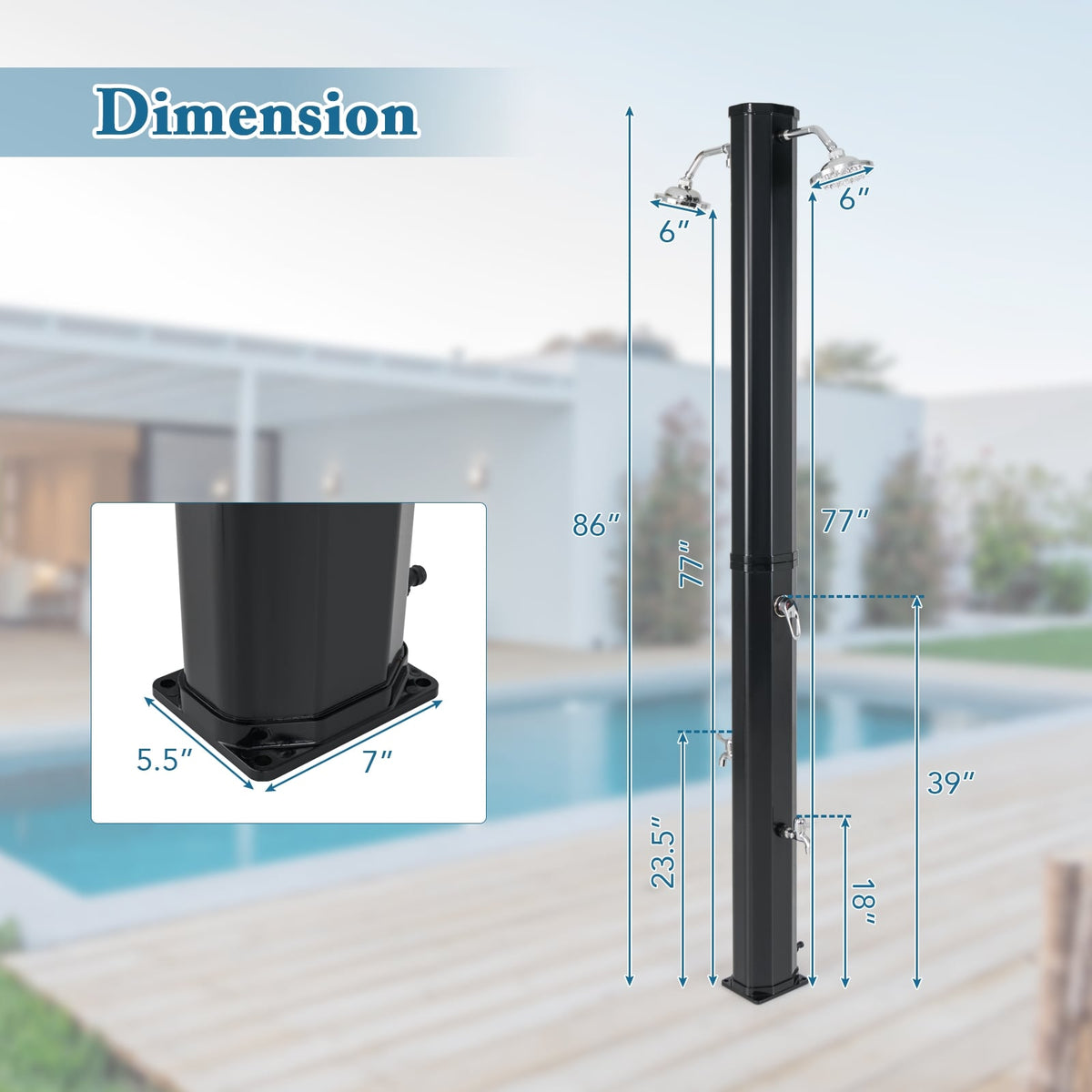 9.3 Gallon Solar Heated Outdoor Shower with Dual Shower Heads-Black-Portable Toilets & Showers-DECOROLALA