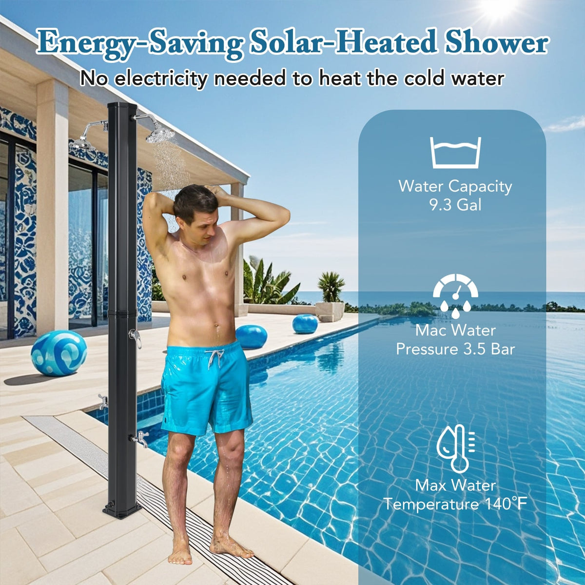9.3 Gallon Solar Heated Outdoor Shower with Dual Shower Heads-Black-Portable Toilets & Showers-DECOROLALA