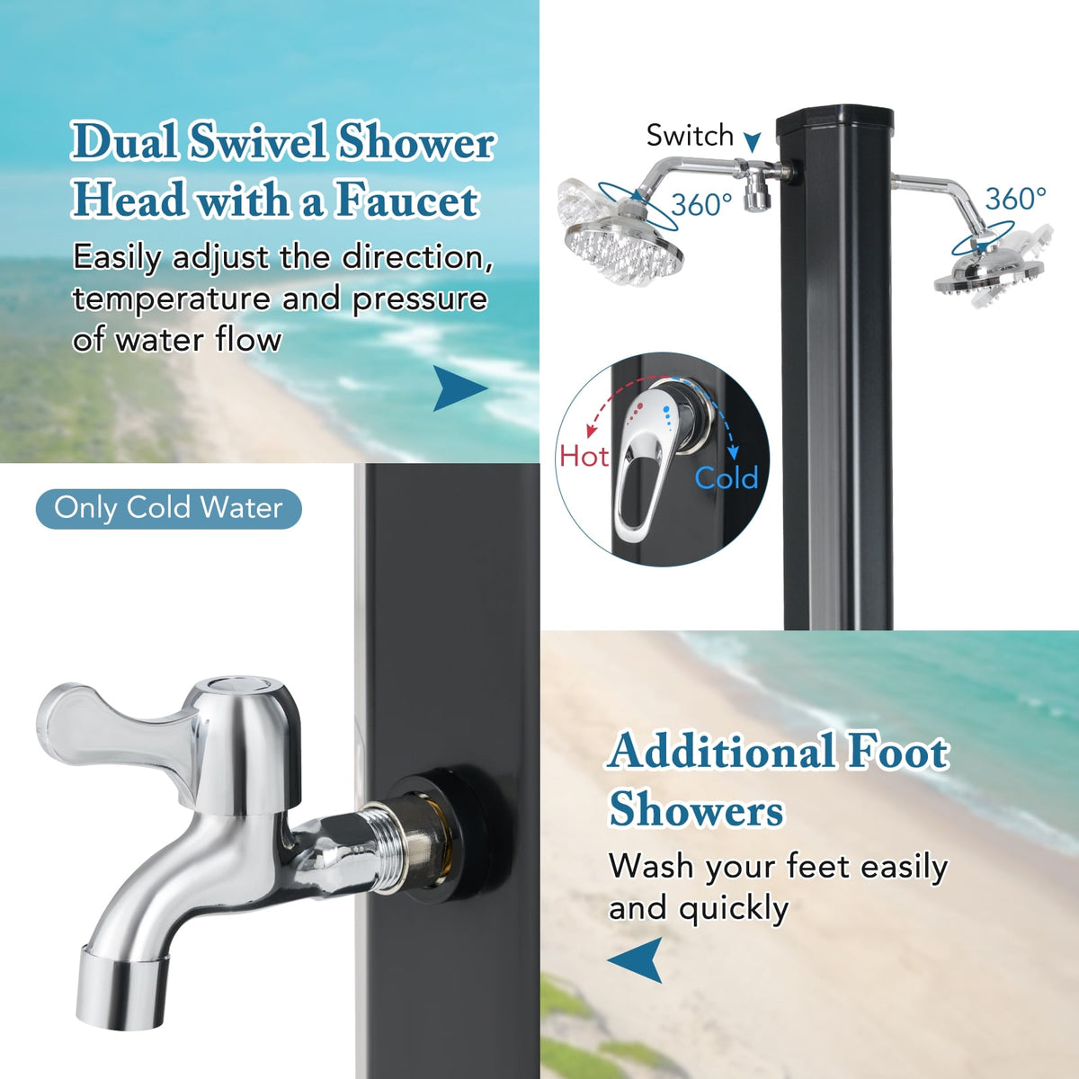 9.3 Gallon Solar Heated Outdoor Shower with Dual Shower Heads-Black-Portable Toilets & Showers-DECOROLALA