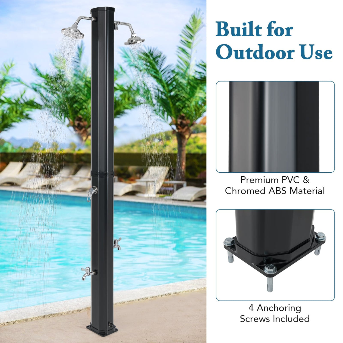 9.3 Gallon Solar Heated Outdoor Shower with Dual Shower Heads-Black-Portable Toilets & Showers-DECOROLALA
