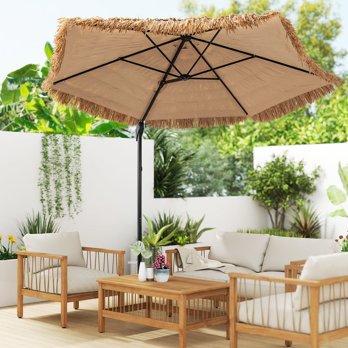 9.5 FT Cantilever Tiki Patio Umbrella Hawaiian Style Offset Hanging Umbrella-Natural-Outdoor Umbrellas-DECOROLALA
