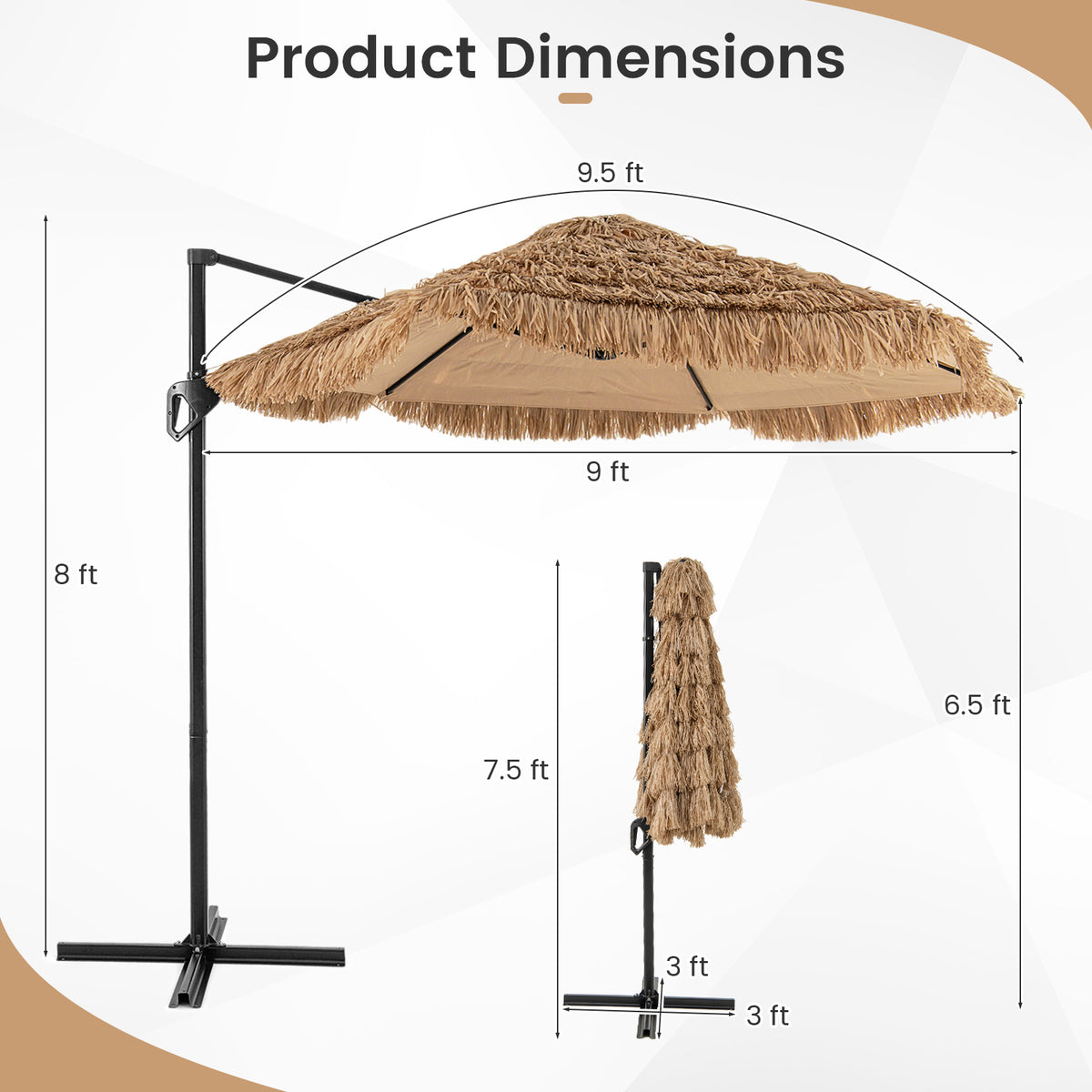 9.5 FT Cantilever Tiki Patio Umbrella Hawaiian Style Offset Hanging Umbrella-Natural-Outdoor Umbrellas-DECOROLALA